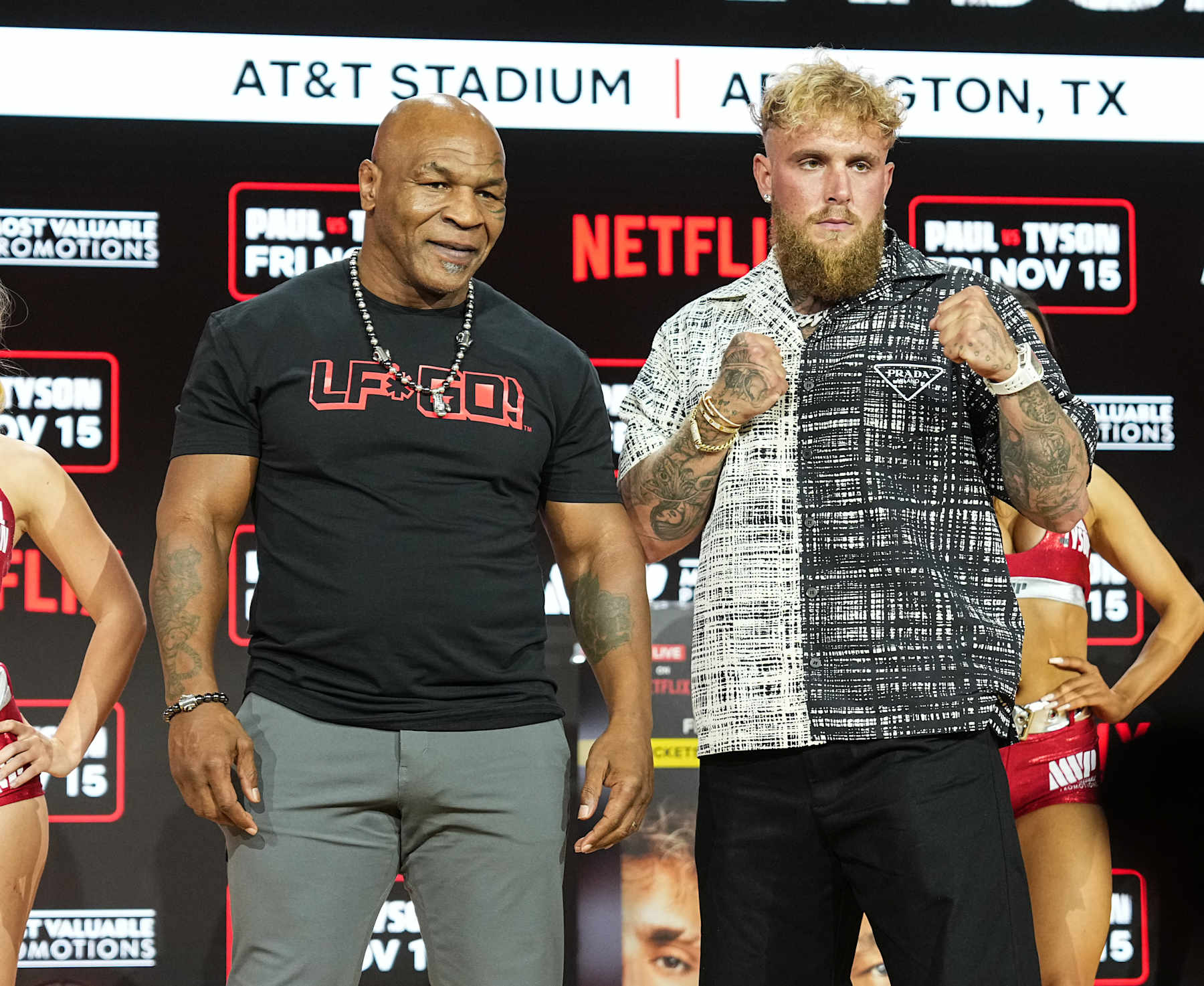 NEW YORK, NEW YORK - AUGUST 18: Mike Tyson and Jake Paul hold a press conference during Fanatics Fest NYC at Javits Center on August 18, 2024 in New York City. (Photo by John Nacion/Getty Images)