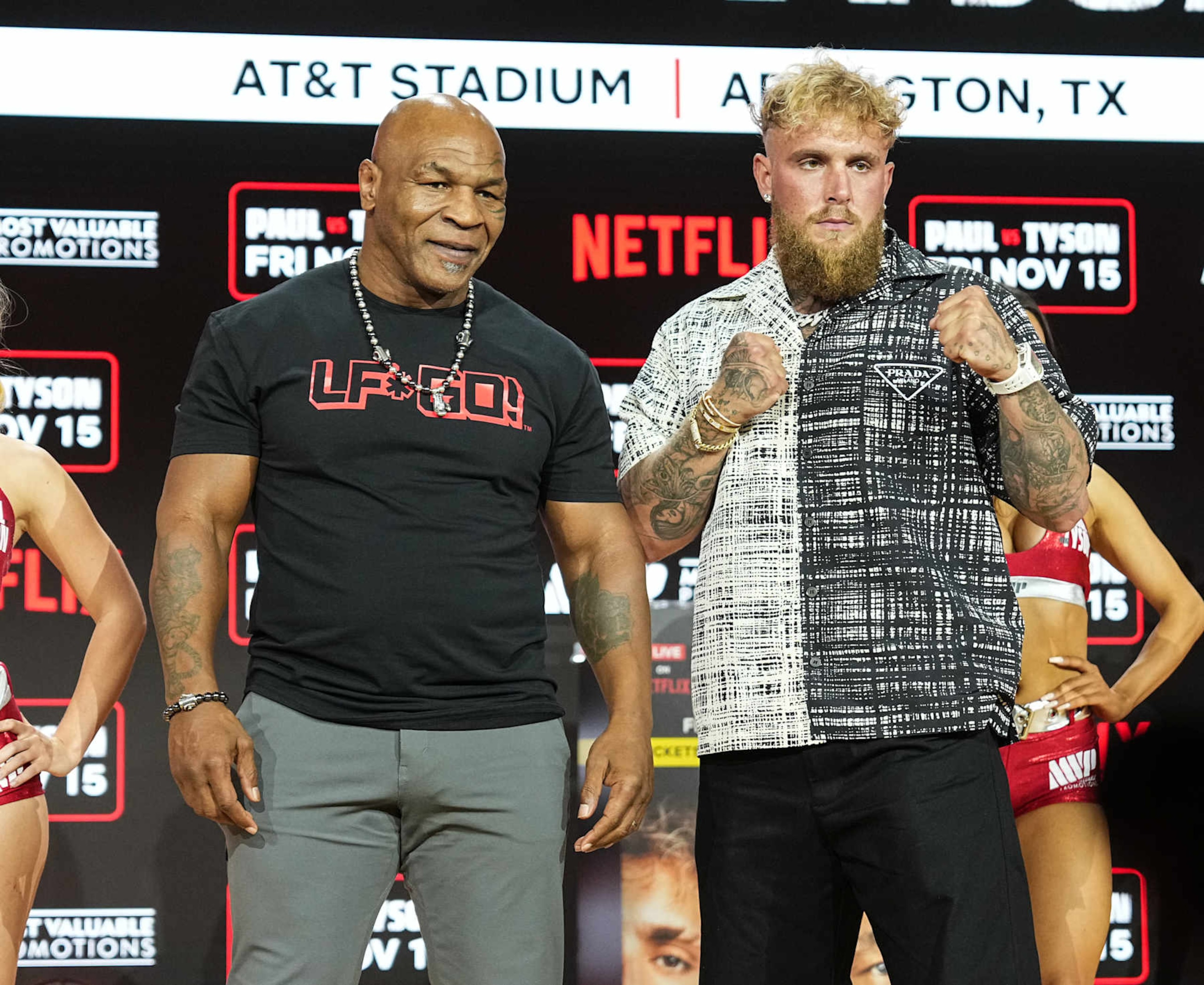 NEW YORK, NEW YORK - AUGUST 18: Mike Tyson and Jake Paul hold a press conference during Fanatics Fest NYC at Javits Center on August 18, 2024 in New York City. (Photo by John Nacion/Getty Images)