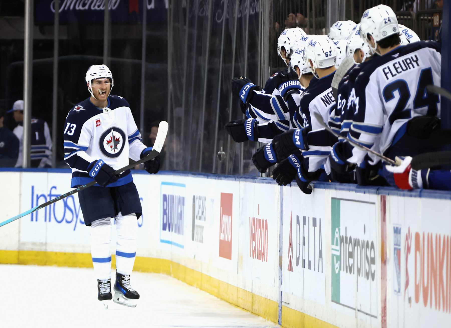 NEW YORK, NEW YORK - NOVEMBER 12: Gabriel Vilardi #13 of the Winnipeg Jets celebrates his second period goal against the Winnipeg Jets at Madison Square Garden on November 12, 2024 in New York City. (Photo by Bruce Bennett/Getty Images)