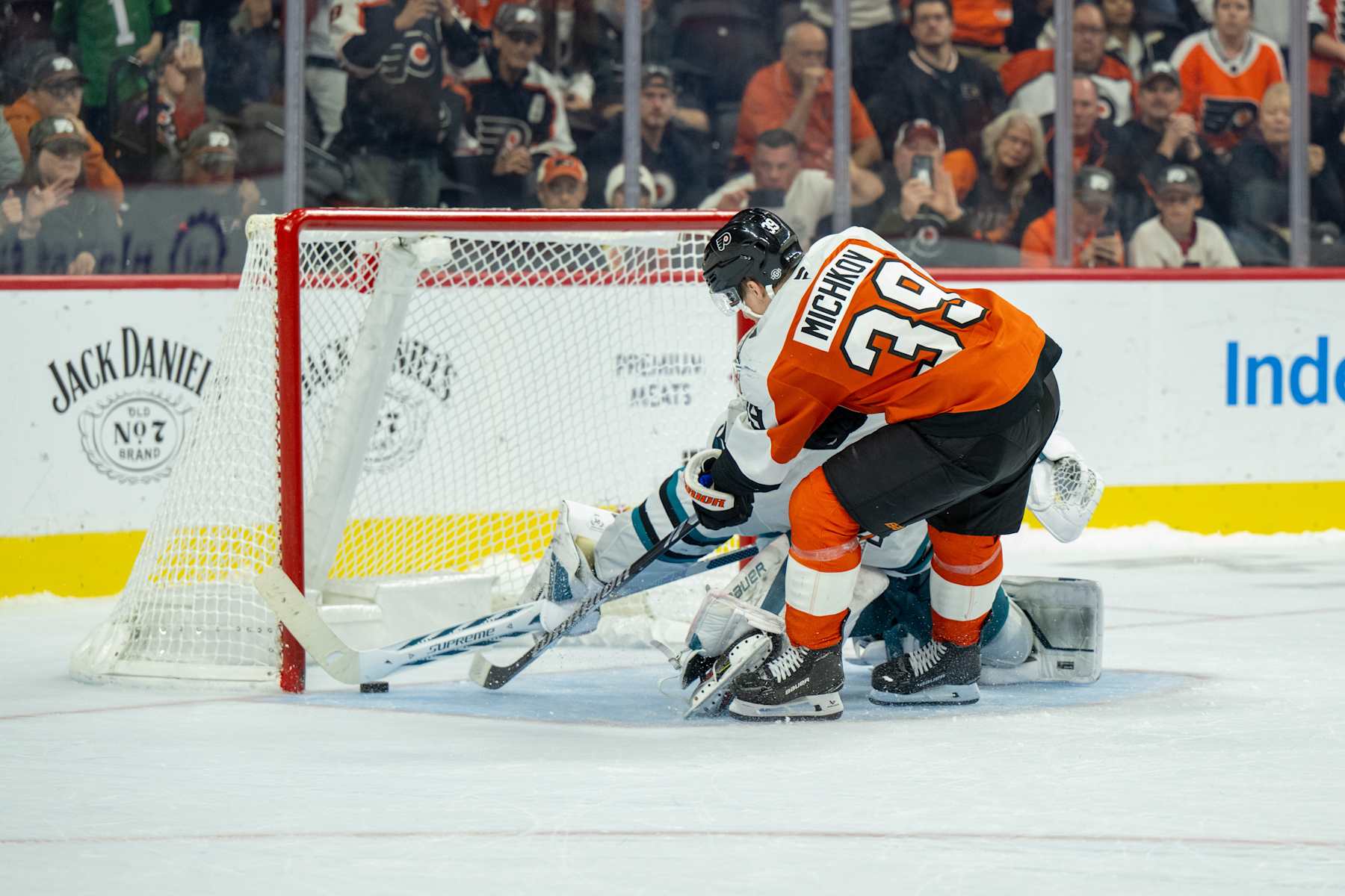 PHILADELPHIA, PA - NOVEMBER 11: Philadelphia Flyers right wing Matvei Michkov (39) scores a shoot out goal during the game between the San Jose Sharks and the Philadelphia Flyers on November 11th, 2024 at the Wells Fargo Center in Philadelphia, PA. (Photo by Terence Lewis/Icon Sportswire via Getty Images)