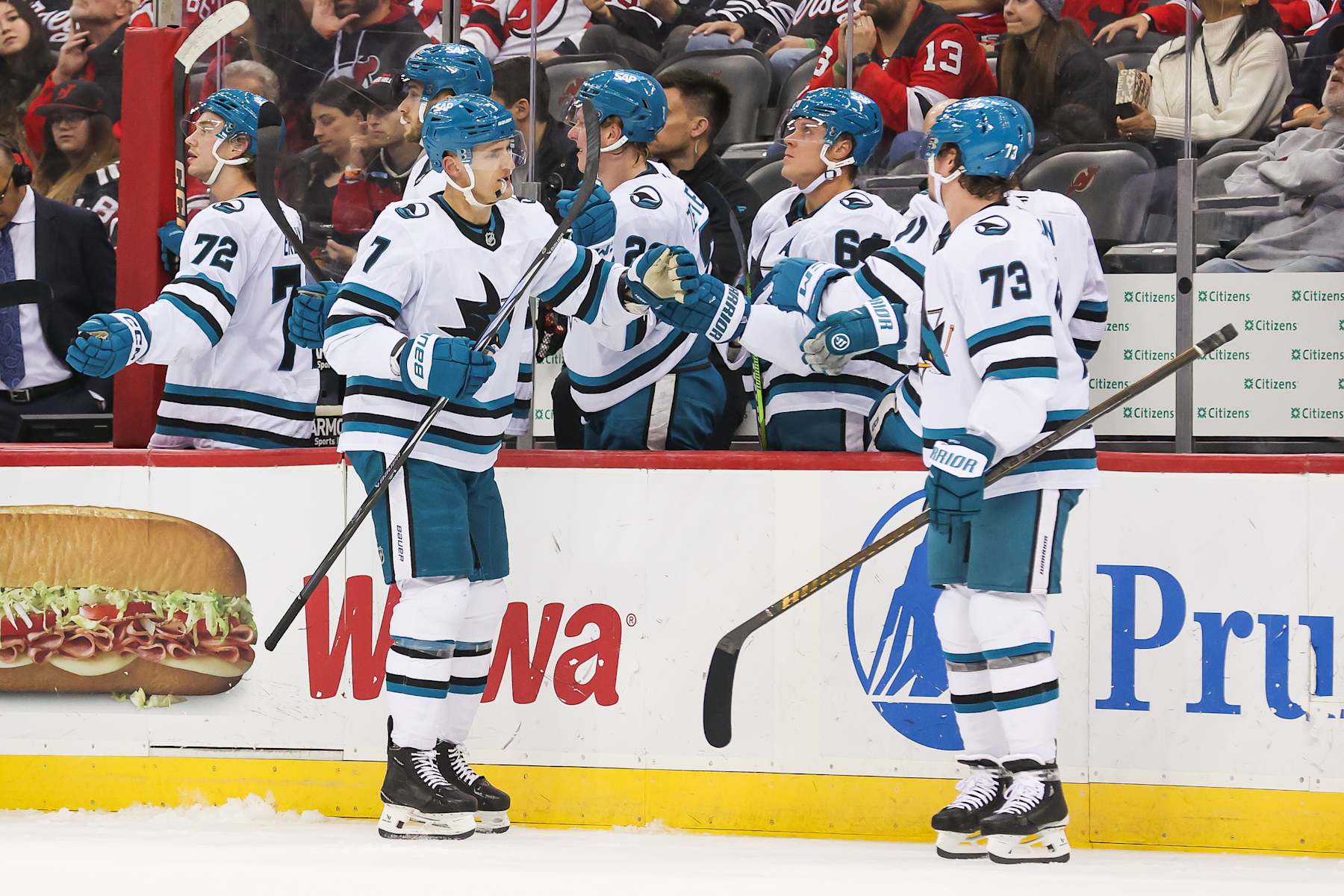NEWARK, NJ - NOVEMBER 10: San Jose Sharks center Nico Sturm (7) celebrates after scoring a goal during a NHL game between the San Jose Sharks and New Jersey Devils at Prudential Center on November 10, 2024 in Newark, New Jersey. (Photo by Andrew Mordzynski/Icon Sportswire via Getty Images)
