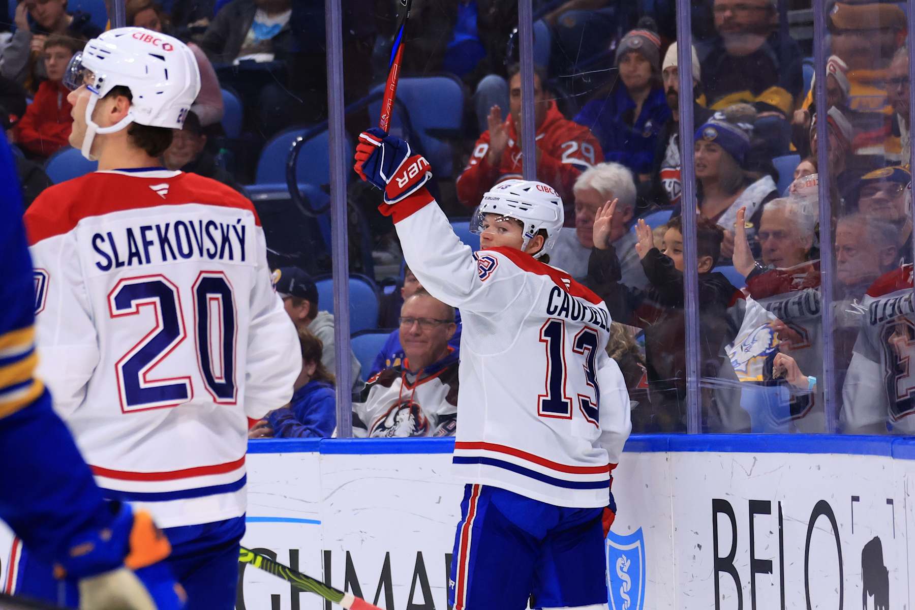 BUFFALO, NEW YORK - NOVEMBER 11: Cole Caufield #13 of the Montreal Canadiens celebrates his second period goal against the Buffalo Sabres during an NHL game on November 11, 2024 at KeyBank Center in Buffalo, New York. (Photo by Bill Wippert/NHLI via Getty Images)