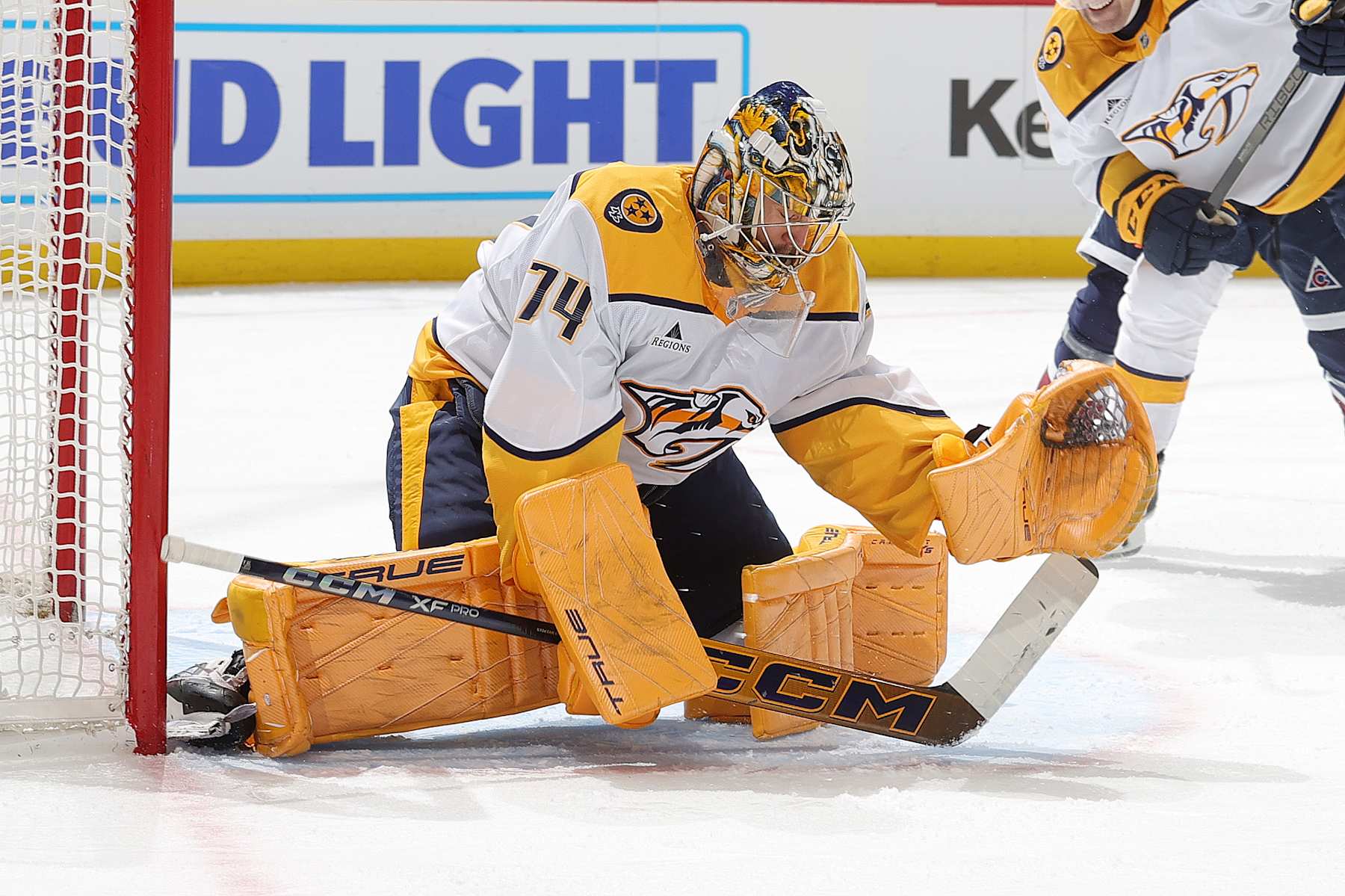DENVER, COLORADO - NOVEMBER 11: Goaltender Juuse Saros #74 of the Nashville Predators makes a save during the third period against the Colorado Avalanche at Ball Arena on November 11, 2024 in Denver, Colorado. (Photo by Michael Martin/NHLI via Getty Images)
