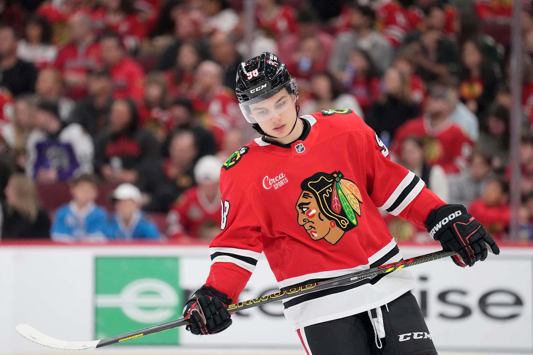 CHICAGO, ILLINOIS - NOVEMBER 10: Connor Bedard #98 of the Chicago Blackhawks skates against the Minnesota Wild during the second period at the United Center on November 10, 2024 in Chicago, Illinois. (Photo by Patrick McDermott/Getty Images)