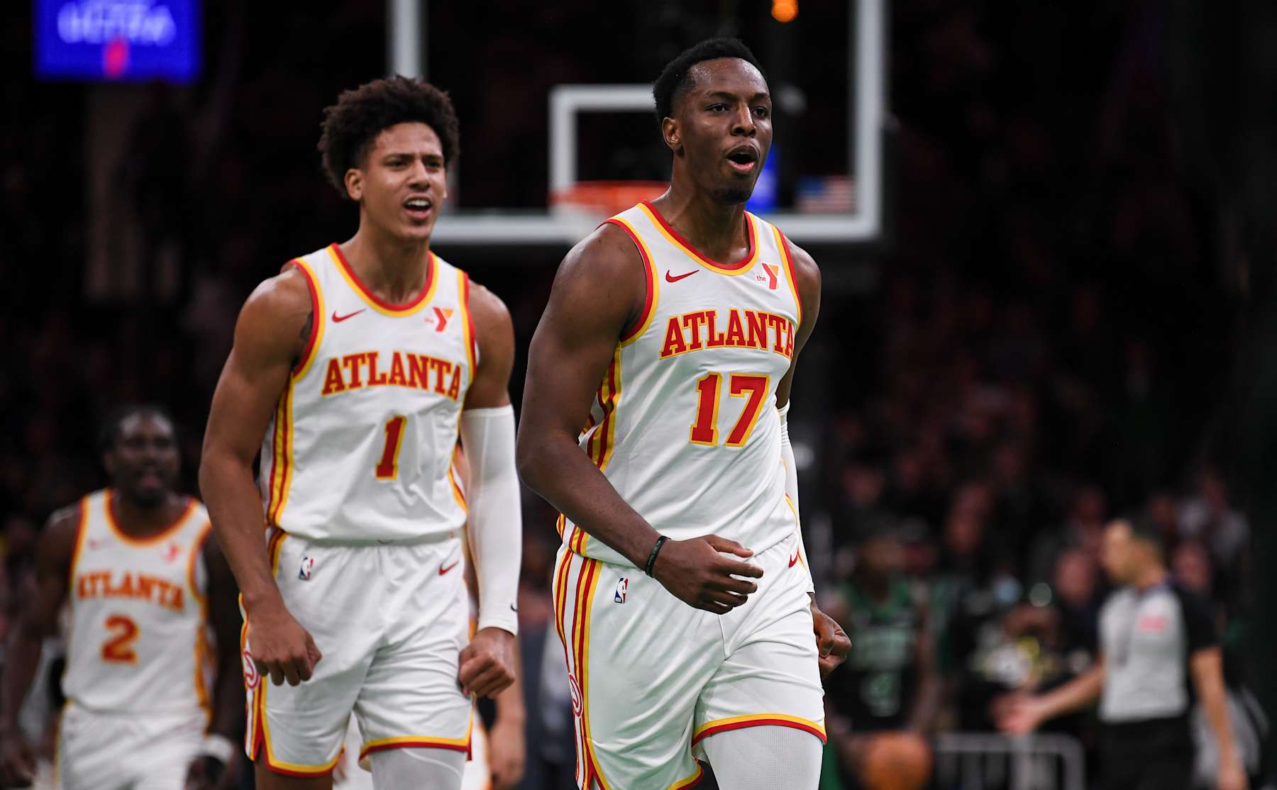 BOSTON, MASSACHUSETTS - NOVEMBER 12: Onyeka Okongwu #17 of the Atlanta Hawks and Jalen Johnson #1 celebrate a point against the Boston Celtics during the second half of an Emirates NBA cup game at TD Garden on November 12, 2024 in Boston, Massachusetts. NOTE TO USER: User expressly acknowledges and agrees that, by downloading and or using this photograph, User is consenting to the terms and conditions of the Getty Images License Agreement. (Photo by China Wong/Getty Images) BOSTON, MASSACHUSETTS - NOVEMBER 12: Onyeka Okongwu #17 of the Atlanta Hawks and Jalen Johnson #1 celebrate a point against the Boston Celtics during the second half of an Emirates NBA cup game at TD Garden on November 12, 2024 in Boston, Massachusetts. NOTE TO USER: User expressly acknowledges and agrees that, by downloading and or using this photograph, User is consenting to the terms and conditions of the Getty Images License Agreement. (Photo by China Wong/Getty Images)