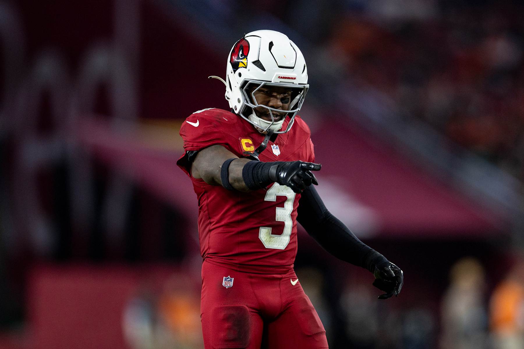GLENDALE, ARIZONA - NOVEMBER 3: Budda Baker #3 of the Arizona Cardinals signals during an NFL Football game against the Chicago Bears at State Farm Stadium on November 03, 2024 in Glendale, Arizona. (Photo by Michael Owens/Getty Images)