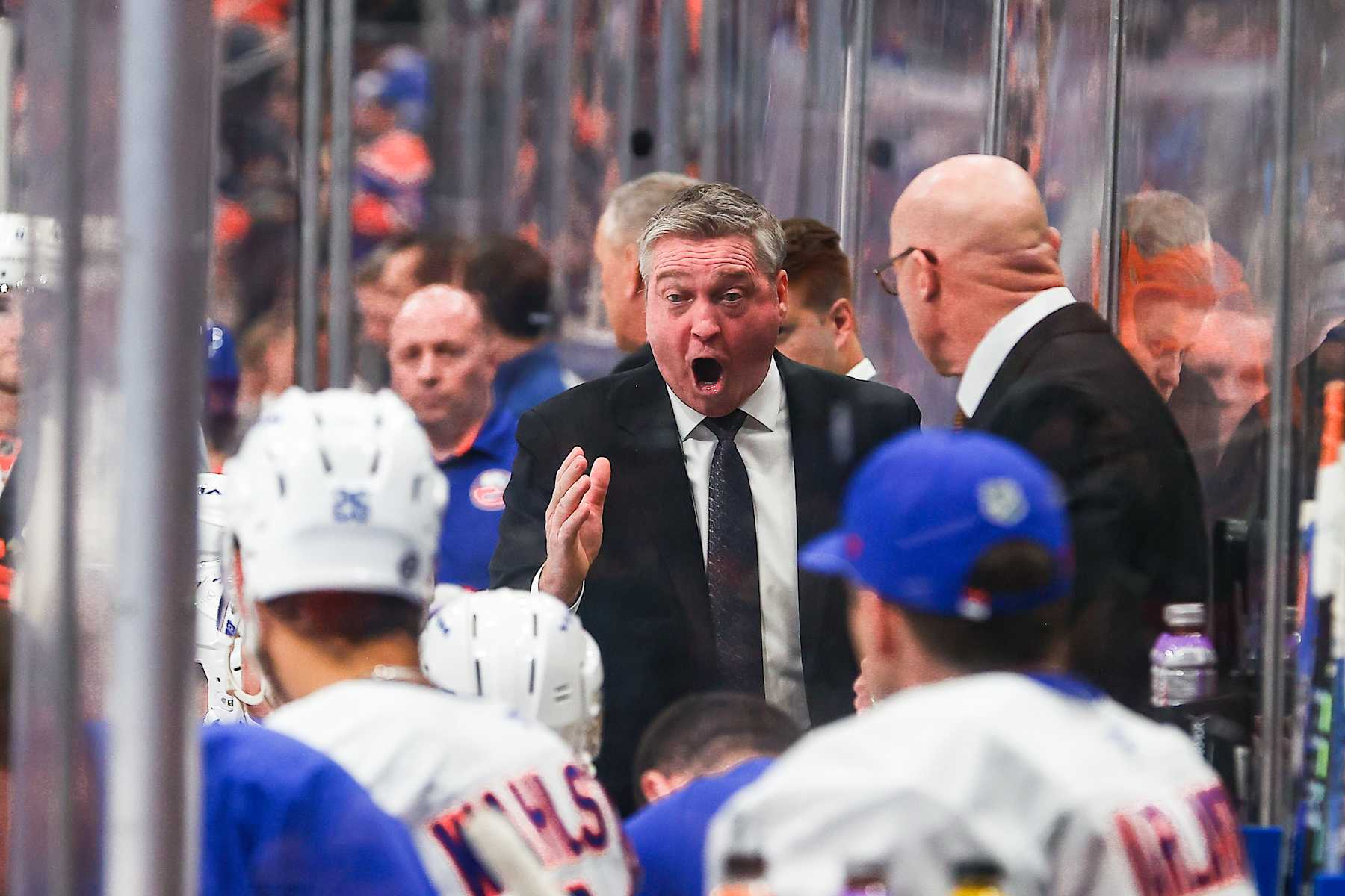 EDMONTON, AB - NOVEMBER 12: Islanders head coach Patrick Roy yells at his players in the third period of the Edmonton Oilers game versus the New York Islanders on November 12, 2024 at Rogers Place in Edmonton, AB. (Photo by Curtis Comeau/Icon Sportswire via Getty Images)
