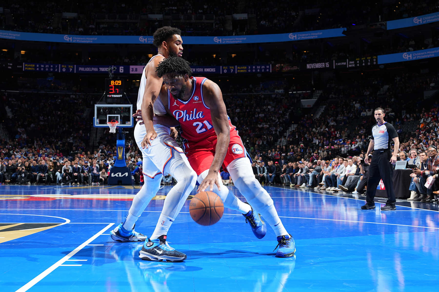 PHILADELPHIA, PA - NOVEMBER 12: Joel Embiid #21 of the Philadelphia 76ers dribbles the ball during the game against the New York Knicks during the Emirates NBA Cup game on November 12, 2024 at the Wells Fargo Center in Philadelphia, Pennsylvania NOTE TO USER: User expressly acknowledges and agrees that, by downloading and/or using this Photograph, user is consenting to the terms and conditions of the Getty Images License Agreement. Mandatory Copyright Notice: Copyright 2024 NBAE (Photo by Jesse D. Garrabrant/NBAE via Getty Images)