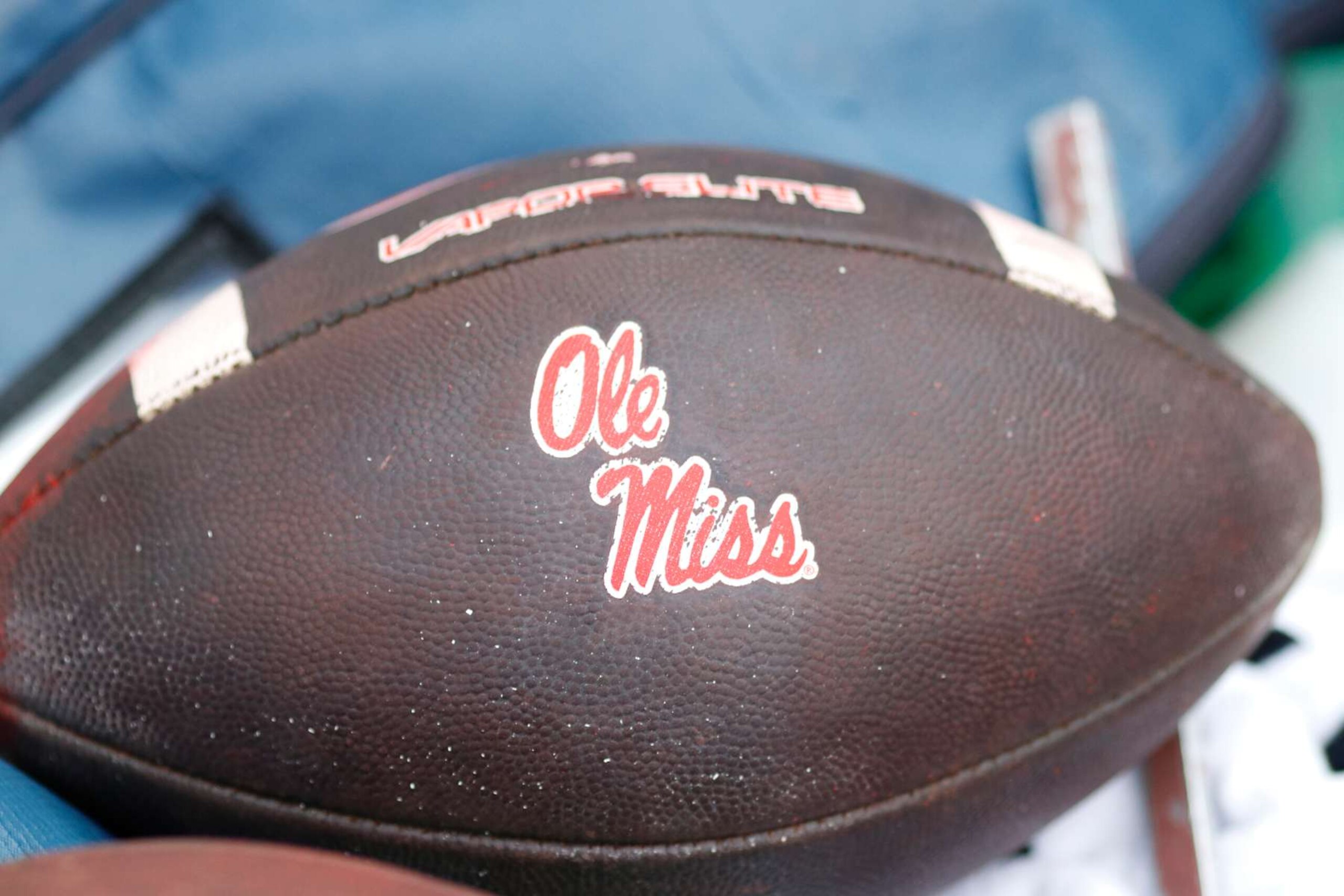FAYETTEVILLE, AR - NOVEMBER 02:  A Nike Vapor Elite football with the Mississippi Rebels logo during the college football game between the Mississippi Rebels and Arkansas Razorbacks on November 2, 2024, at Donald W. Reynolds Razorback Stadium in Fayetteville, Arkansas. (Photo by Andy Altenburger/Icon Sportswire via Getty Images)