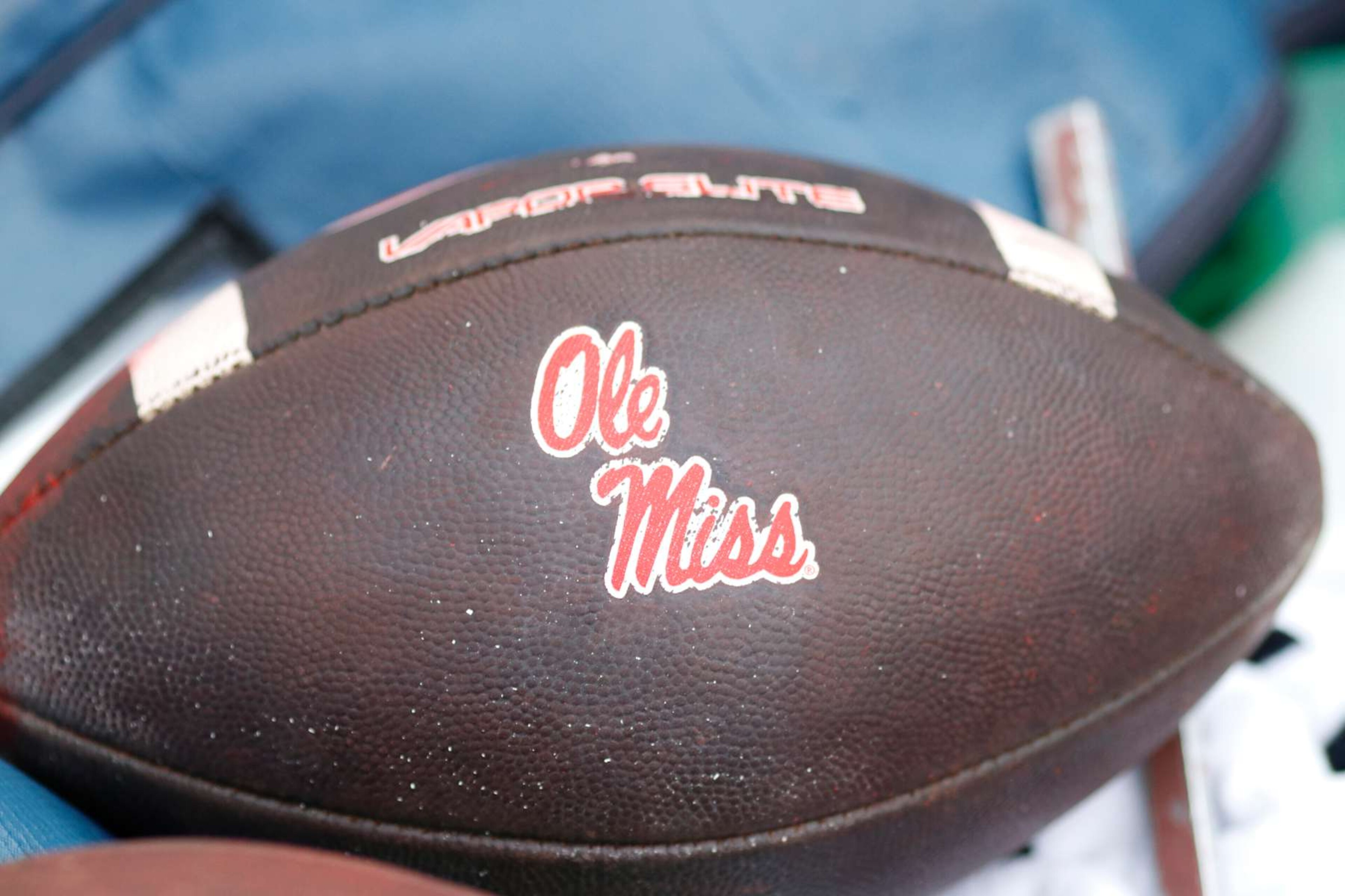 FAYETTEVILLE, AR - NOVEMBER 02:  A Nike Vapor Elite football with the Mississippi Rebels logo during the college football game between the Mississippi Rebels and Arkansas Razorbacks on November 2, 2024, at Donald W. Reynolds Razorback Stadium in Fayetteville, Arkansas. (Photo by Andy Altenburger/Icon Sportswire via Getty Images)