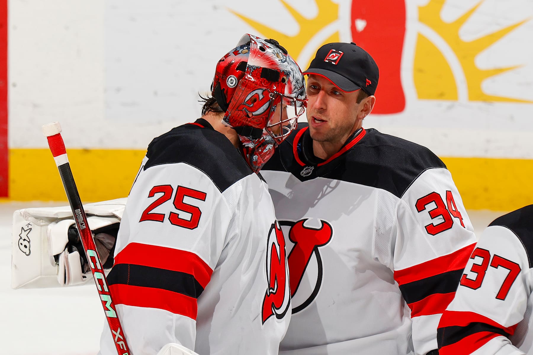 SUNRISE, FL - NOVEMBER 12: Goaltender Jacob Markstrom #25 celebrates a 4-1 win with goaltender Jake Allen #34 of the New Jersey Devils against the Florida Panthers at the Amerant Bank Arena on November 12, 2024 in Sunrise, Florida. (Photo by Joel Auerbach/Getty Images)