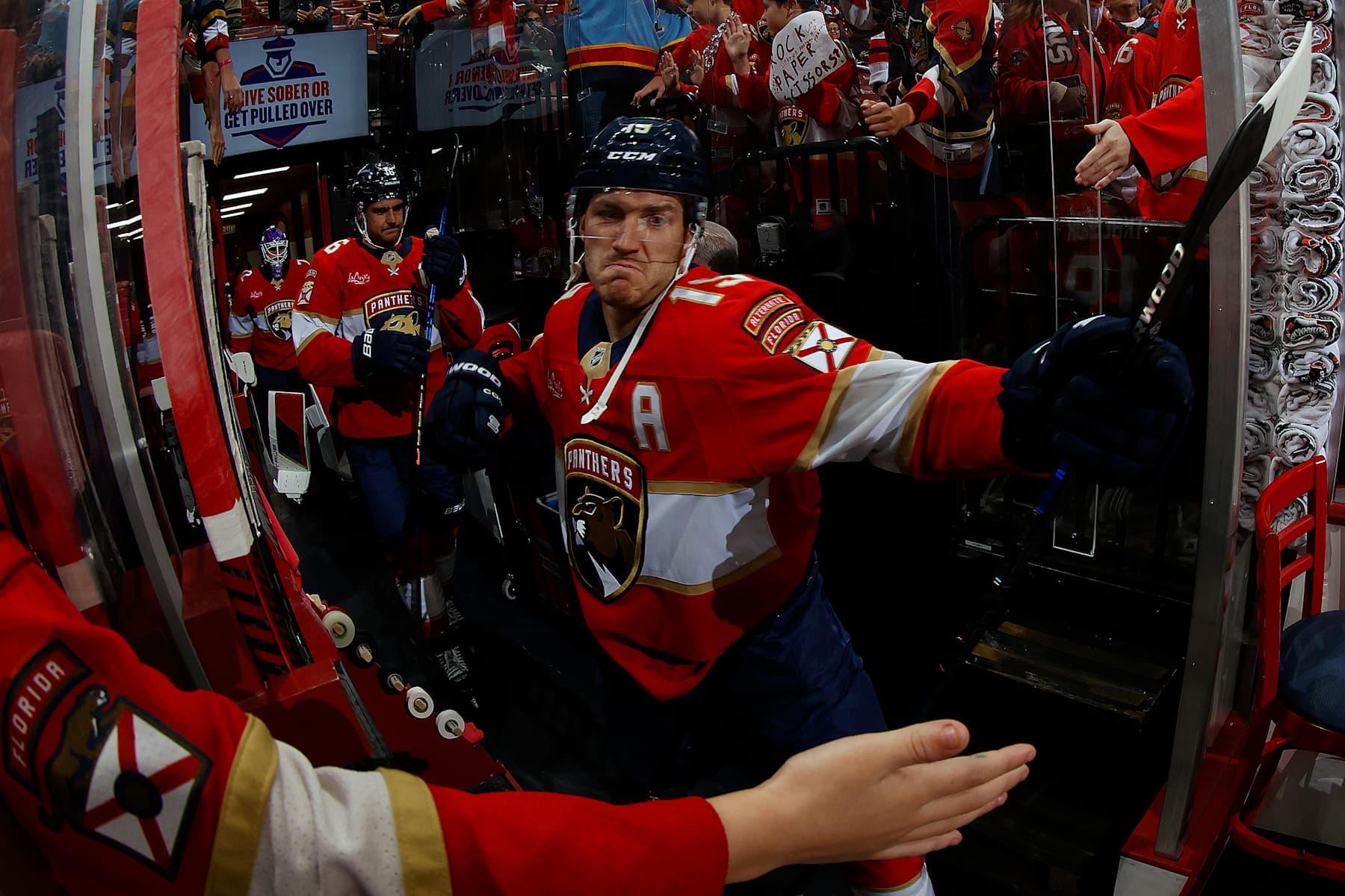 SUNRISE, FLORIDA - NOVEMBER 12: Matthew Tkachuk #19 of the Florida Panthers heads out to the ice with teammates for warm ups prior to the start of their game against the New Jersey Devils at the Amerant Bank Arena on November 12, 2024 in Sunrise, Florida. (Photo by Eliot J. Schechter/NHLI via Getty Images)