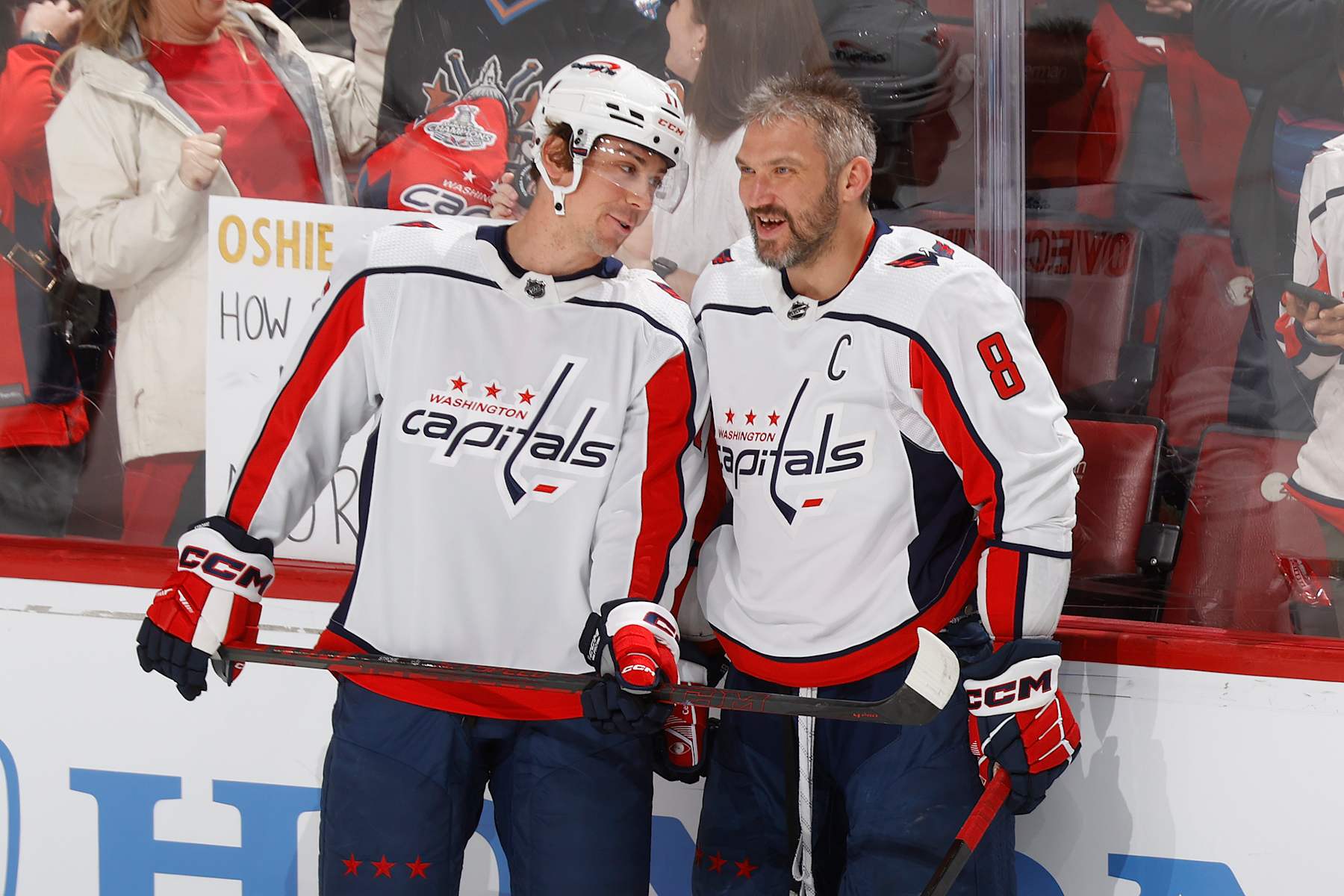 SUNRISE, FL - FEBRUARY 08: Dylan Strome #17 and Alex Ovechkin #8 of the Washington Capitals talk prior to the game against the Florida Panthers at the Amerant Bank Arena on February 8, 2024 in Sunrise, Florida. (Photo by Joel Auerbach/Getty Images)