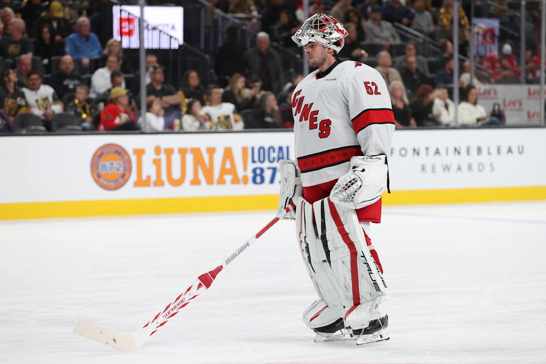LAS VEGAS, NEVADA - NOVEMBER 11: Pyotr Kochetkov #52 of the Carolina Hurricanes looks on during the second period against the Vegas Golden Knights at T-Mobile Arena on November 11, 2024 in Las Vegas, Nevada. (Photo by Zak Krill/NHLI via Getty Images)