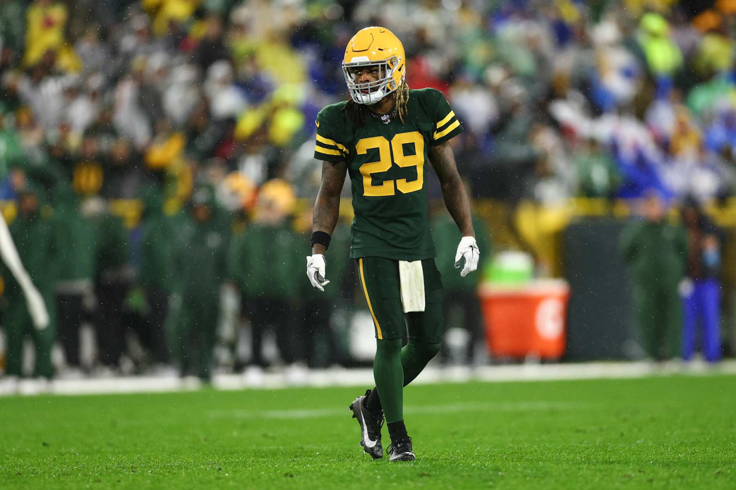 GREEN BAY, WISCONSIN - NOVEMBER 3: Xavier McKinney #29 of the Green Bay Packers lines up before a play during an NFL football game against the Detroit Lions at Lambeau Field on November 3, 2024 in Green Bay, WI. (Photo by Kevin Sabitus/Getty Images)