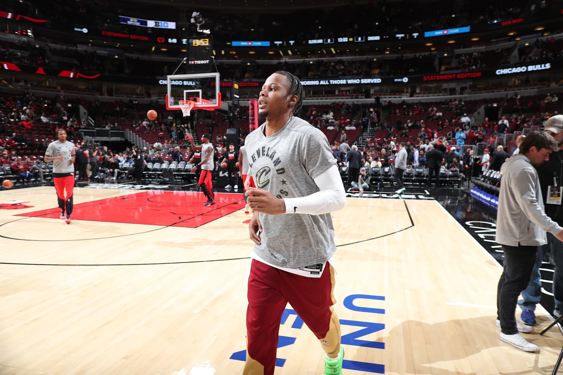 CHICAGO, IL - NOVEMBER 11: Isaac Okoro #35 of the Cleveland Cavaliers looks on before the game against the Chicago Bulls on November 11, 2024 at United Center in Chicago, Illinois. NOTE TO USER: User expressly acknowledges and agrees that, by downloading and or using this photograph, User is consenting to the terms and conditions of the Getty Images License Agreement. Mandatory Copyright Notice: Copyright 2024 NBAE (Photo by Jeff Haynes/NBAE via Getty Images)