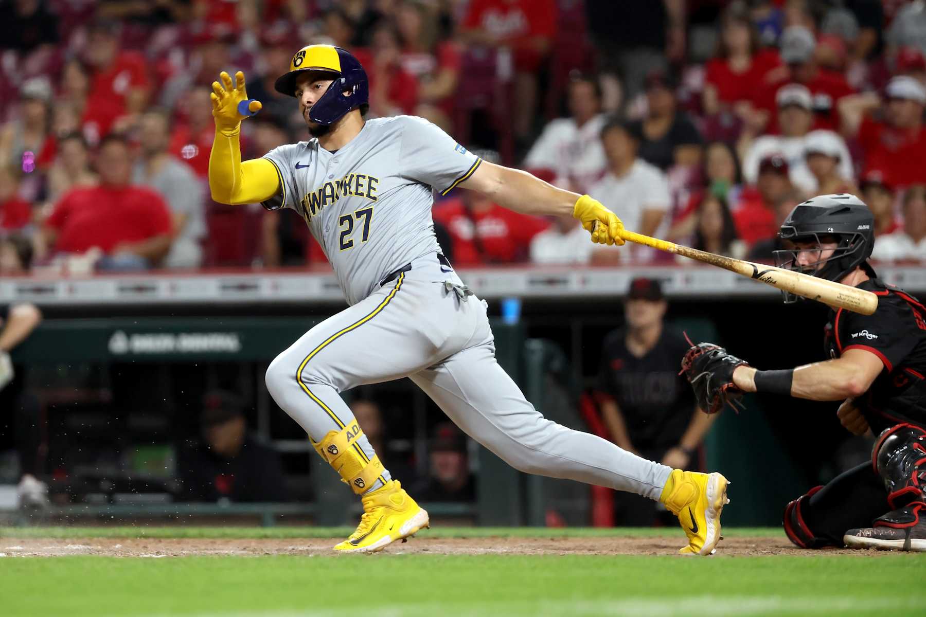 CINCINNATI, OHIO - AUGUST 30: Willy Adames #27 of the Milwaukee Brewers bats during game two of a doubleheader against the Cincinnati Reds at Great American Ball Park on August 30, 2024 in Cincinnati, Ohio. Milwaukee defeated Cincinnati 14-0. (Photo by Kirk Irwin/Getty Images)