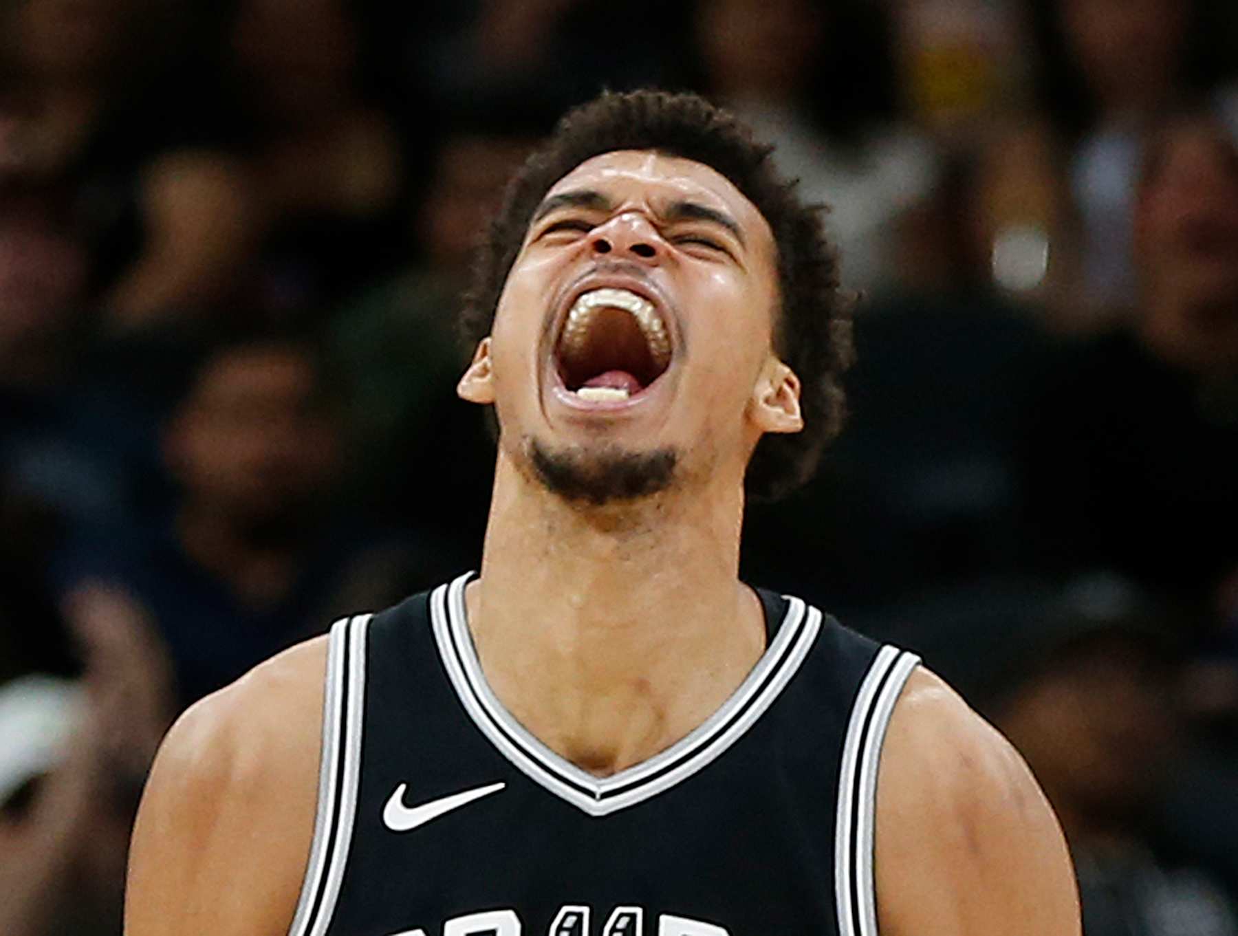 SAN ANTONIO, TX - NOVEMBER 13:  Victor Wembanyama #1 of the San Antonio Spurs reacts during action against the Washington Wizards in the second half at Frost Bank Center on November 13, 2024 in San Antonio, Texas. NOTE TO USER: User expressly acknowledges and agrees that, by downloading and or using this photograph, User is consenting to terms and conditions of the Getty Images License Agreement. (Photo by Ronald Cortes/Getty Images)