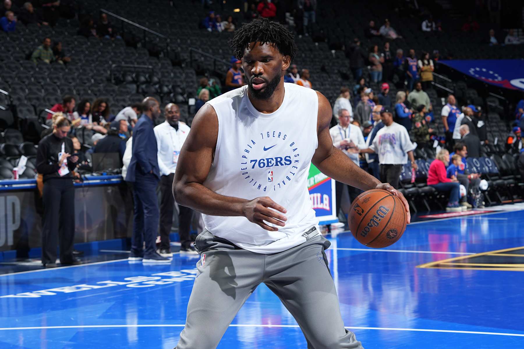 PHILADELPHIA, PA - NOVEMBER 12: Joel Embiid #21 of the Philadelphia 76ers warms up before the game against the New York Knicks during the Emirates NBA Cup game on November 12, 2024 at the Wells Fargo Center in Philadelphia, Pennsylvania NOTE TO USER: User expressly acknowledges and agrees that, by downloading and/or using this Photograph, user is consenting to the terms and conditions of the Getty Images License Agreement. Mandatory Copyright Notice: Copyright 2024 NBAE (Photo by Jesse D. Garrabrant/NBAE via Getty Images)