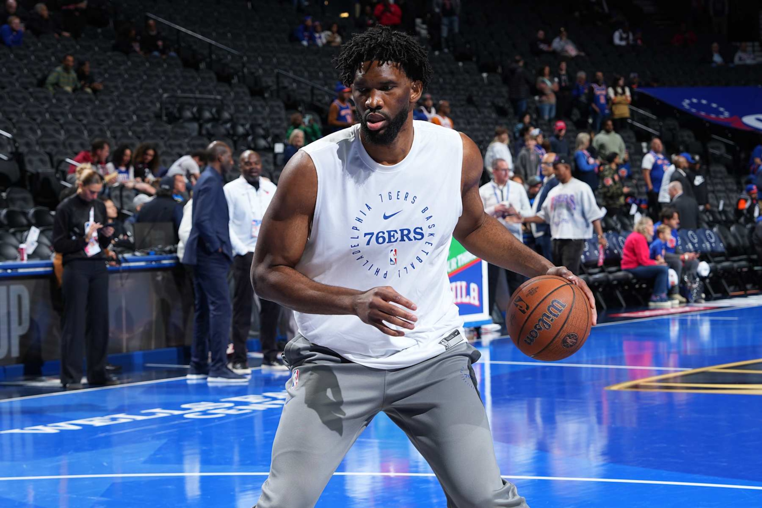 PHILADELPHIA, PA - NOVEMBER 12: Joel Embiid #21 of the Philadelphia 76ers warms up before the game against the New York Knicks during the Emirates NBA Cup game on November 12, 2024 at the Wells Fargo Center in Philadelphia, Pennsylvania NOTE TO USER: User expressly acknowledges and agrees that, by downloading and/or using this Photograph, user is consenting to the terms and conditions of the Getty Images License Agreement. Mandatory Copyright Notice: Copyright 2024 NBAE (Photo by Jesse D. Garrabrant/NBAE via Getty Images) PHILADELPHIA, PA - NOVEMBER 12: Joel Embiid #21 of the Philadelphia 76ers warms up before the game against the New York Knicks during the Emirates NBA Cup game on November 12, 2024 at the Wells Fargo Center in Philadelphia, Pennsylvania NOTE TO USER: User expressly acknowledges and agrees that, by downloading and/or using this Photograph, user is consenting to the terms and conditions of the Getty Images License Agreement. Mandatory Copyright Notice: Copyright 2024 NBAE (Photo by Jesse D. Garrabrant/NBAE via Getty Images)