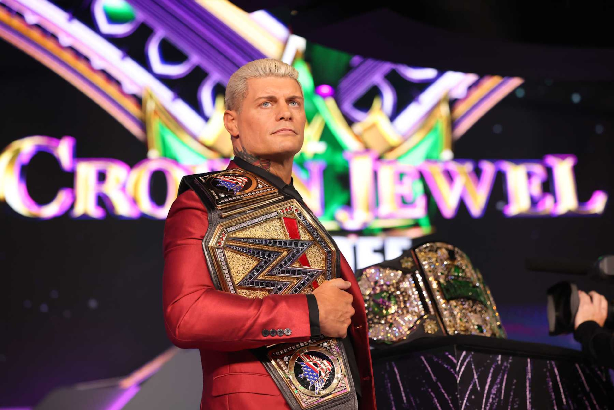 RIYADH, SAUDI ARABIA - NOVEMBER 1: Cody Rhodes looks on during Crown Jewel Kickoff at Mohammed Abdo Arena on November 1, 2024 in Riyadh, Saudi Arabia.  (Photo by WWE/Getty Images)
