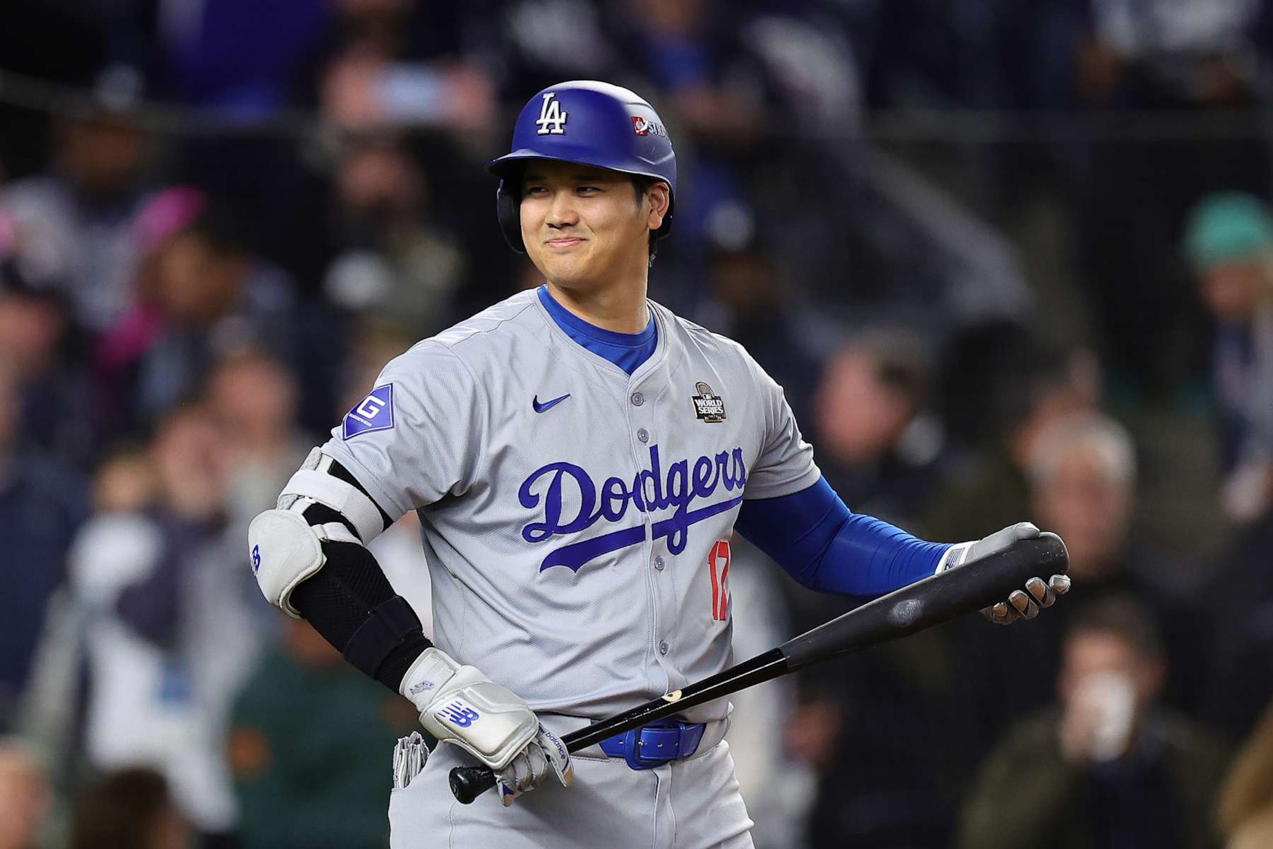 NEW YORK, NEW YORK - OCTOBER 28: Shohei Ohtani #17 of the Los Angeles Dodgers reacts after being walked in the first inning against the New York Yankees during Game Three of the 2024 World Series at Yankee Stadium on October 28, 2024 in the Bronx borough of New York City. (Photo by Alex Slitz/Getty Images)