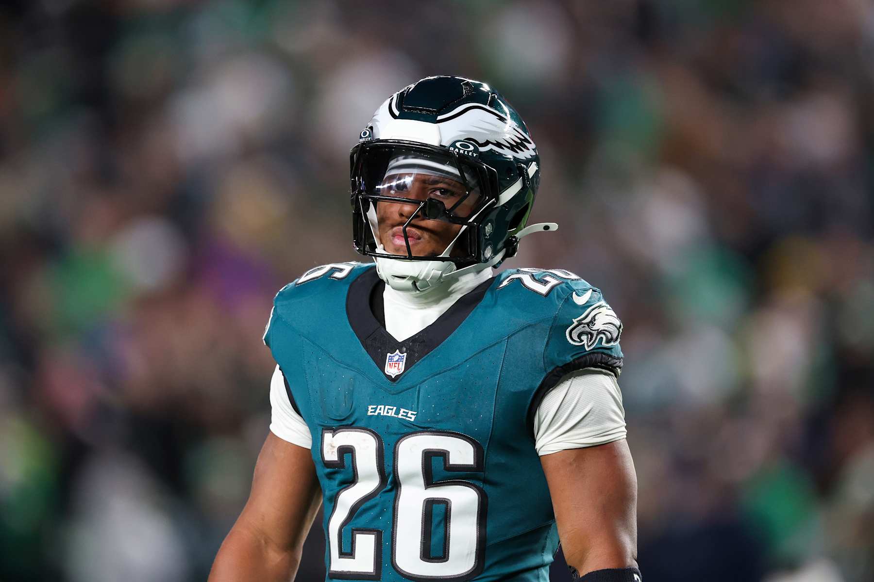 PHILADELPHIA, PENNSYLVANIA - NOVEMBER 14: Saquon Barkley #26 of the Philadelphia Eagles looks on during the second quarter against the Washington Commanders at Lincoln Financial Field on November 14, 2024 in Philadelphia, Pennsylvania. (Photo by Elsa/Getty Images)