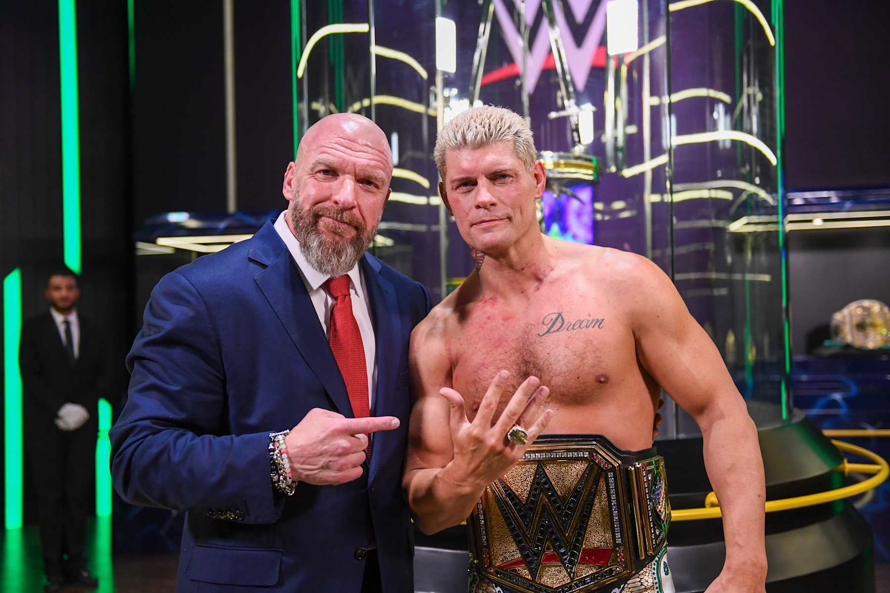 RIYADH, SAUDI ARABIA - NOVEMBER 2: Paul "Triple H" Levesque with the new Crown Jewel Men's Champion Cody Rhodes during Crown Jewel at Mohammed Abdo Arena on November 2, 2024 in Riyadh, Saudi Arabia. (Photo by WWE/Getty Images)
