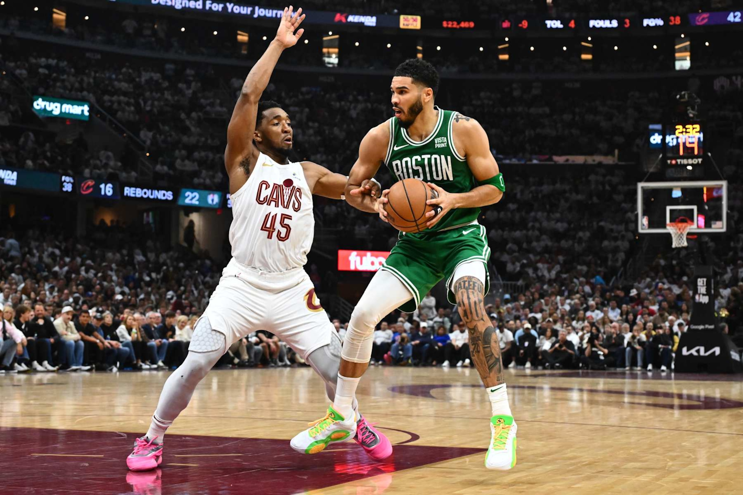 CLEVELAND, OHIO - MAY 11: Jayson Tatum #0 of the Boston Celtics controls the ball during the second quarter against Donovan Mitchell #45 of the Cleveland Cavaliers in Game Three of the Eastern Conference Second Round Playoffs at Rocket Mortgage Fieldhouse on May 11, 2024 in Cleveland, Ohio. NOTE TO USER: User expressly acknowledges and agrees that, by downloading and or using this photograph, User is consenting to the terms and conditions of the Getty Images License Agreement. (Photo by Jason Miller/Getty Images)