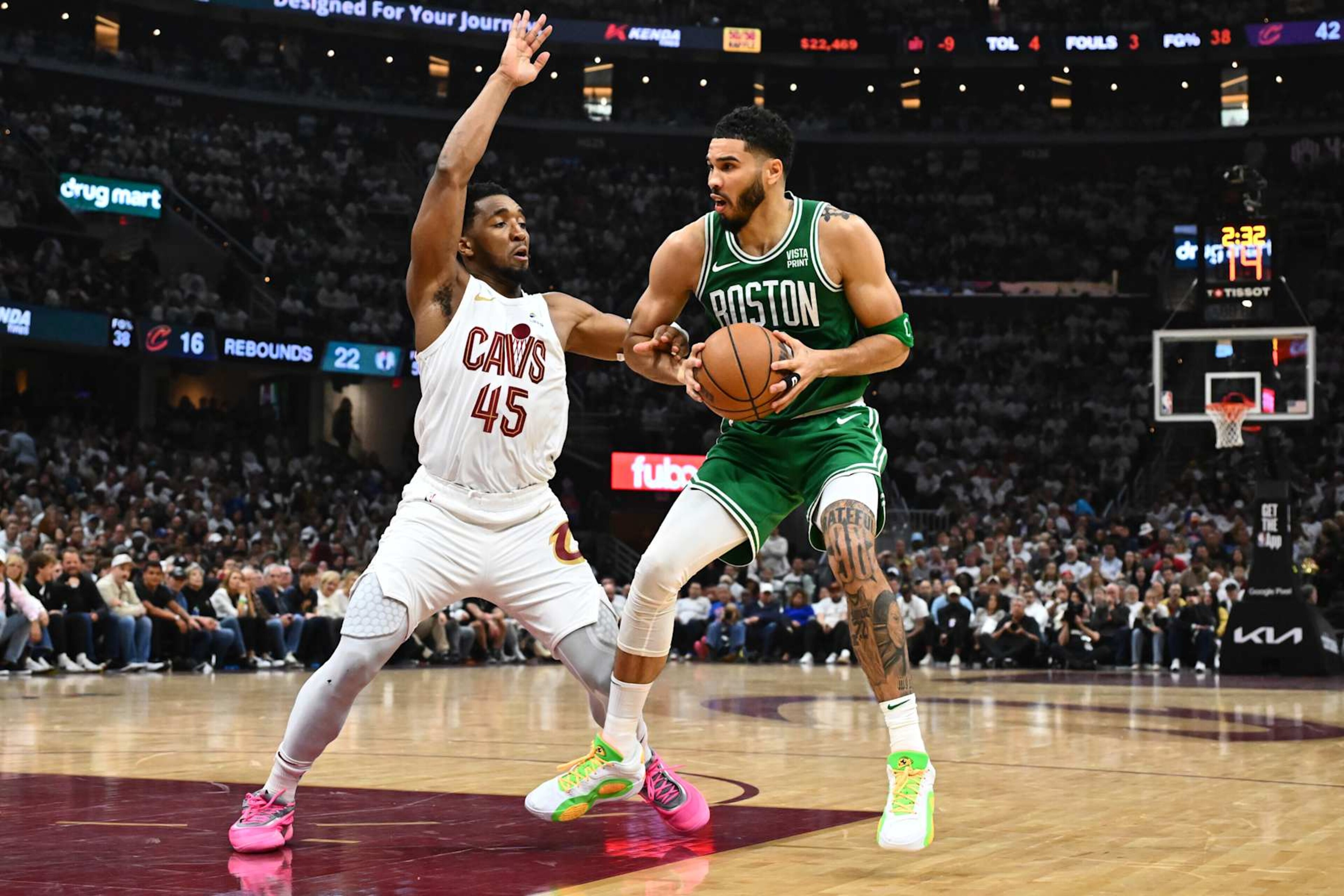 CLEVELAND, OHIO - MAY 11: Jayson Tatum #0 of the Boston Celtics controls the ball during the second quarter against Donovan Mitchell #45 of the Cleveland Cavaliers in Game Three of the Eastern Conference Second Round Playoffs at Rocket Mortgage Fieldhouse on May 11, 2024 in Cleveland, Ohio. NOTE TO USER: User expressly acknowledges and agrees that, by downloading and or using this photograph, User is consenting to the terms and conditions of the Getty Images License Agreement. (Photo by Jason Miller/Getty Images)