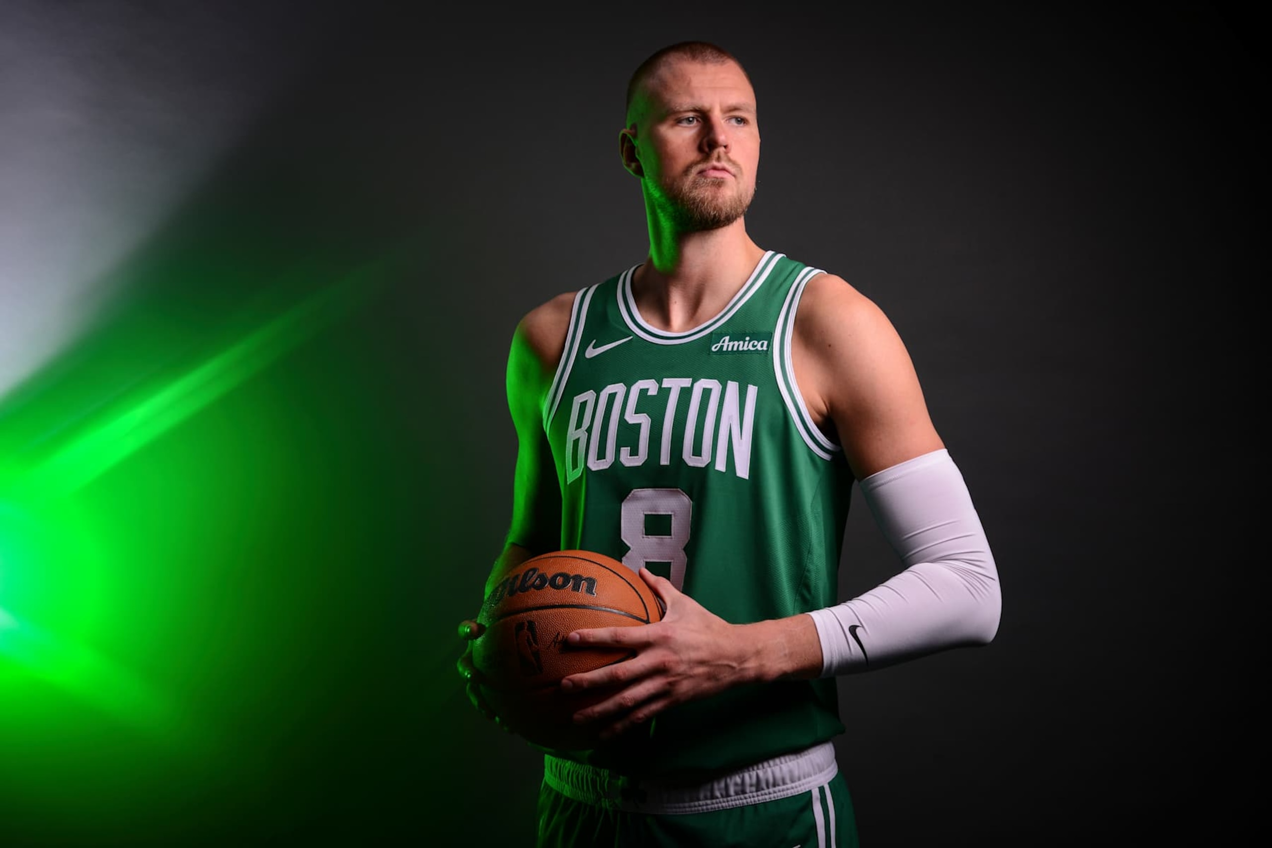 BOSTON, MA - SEPTEMBER 24: Kristaps Porzingis #8 of the Boston Celtics poses for a portrait during 2024-25 NBA Media Day on September 24, 2024 at the TD Garden in Boston, Massachusetts. NOTE TO USER: User expressly acknowledges and agrees that, by downloading and or using this photograph, User is consenting to the terms and conditions of the Getty Images License Agreement. Mandatory Copyright Notice: Copyright 2024 NBAE (Photo by Brian Babineau/NBAE via Getty Images)