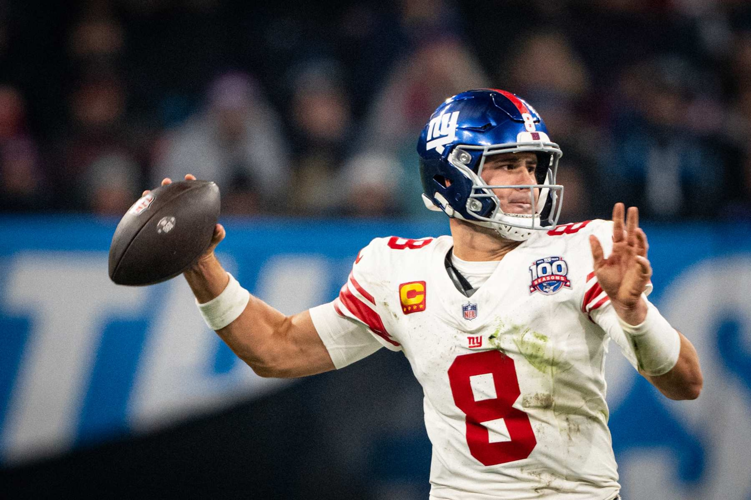MUNICH, GERMANY - NOVEMBER 10: Daniel Jones of the New York Giants throws the ball during the NFL Munich Game 2024 between New York Giants and Carolina Panthers at Allianz Arena on November 10, 2024 in Munich, Germany. (Photo by F. Noever/FC Bayern via Getty Images) MUNICH, GERMANY - NOVEMBER 10: Daniel Jones of the New York Giants throws the ball during the NFL Munich Game 2024 between New York Giants and Carolina Panthers at Allianz Arena on November 10, 2024 in Munich, Germany. (Photo by F. Noever/FC Bayern via Getty Images)