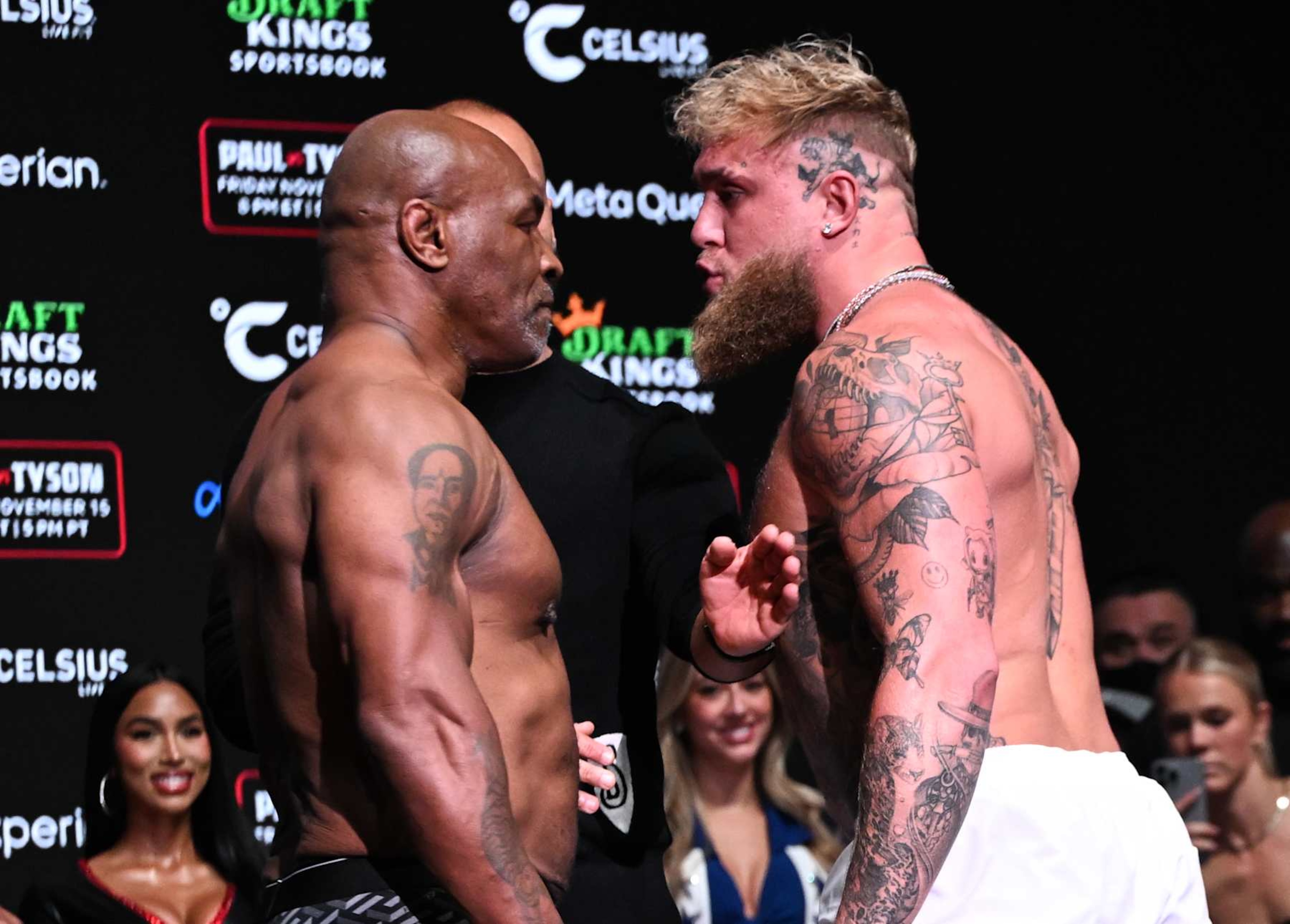 IRVING, TEXAS - NOVEMBER 14: Mike Tyson and Jake Paul faceoff during Weigh-In at the Toyota Music Factory in Irving, Texas on November 14, 2024 ahead of their match for heavyweight world titles of the Premiere Boxing Championship which will be on November 15 Friday night at AT&T Stadium in Arlington, Texas, United States. (Photo by Tayfun Coskun/Anadolu via Getty Images) IRVING, TEXAS - NOVEMBER 14: Mike Tyson and Jake Paul faceoff during Weigh-In at the Toyota Music Factory in Irving, Texas on November 14, 2024 ahead of their match for heavyweight world titles of the Premiere Boxing Championship which will be on November 15 Friday night at AT&T Stadium in Arlington, Texas, United States. (Photo by Tayfun Coskun/Anadolu via Getty Images)