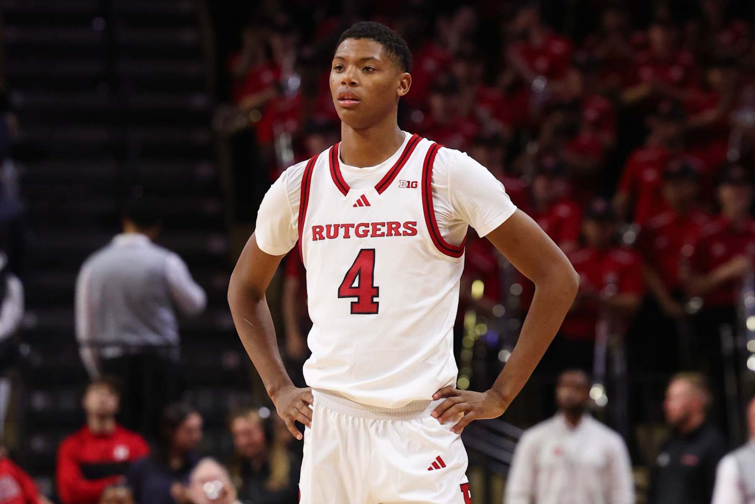 PISCATAWAY, NEW JERSEY - OCTOBER 17: Airious Bailey #4 of the Rutgers Scarlet Knights during the second half of their game against the St. John's Red Storm at Jersey Mike's Arena on October 17, 2024 in Piscataway, New Jersey. (Photo by Ed Mulholland/Getty Images)
