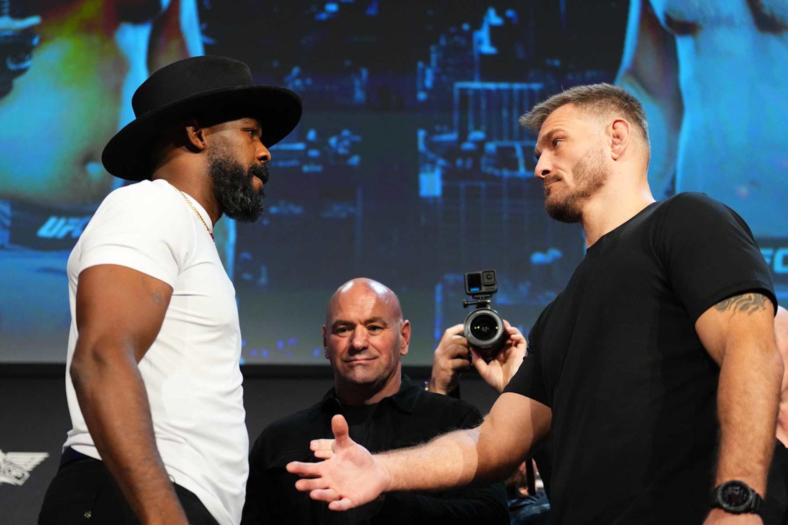 NEW YORK, NEW YORK - NOVEMBER 14: Jon Jones and Stipe Miocic face off during the UFC 309 press conference at The Theater at Madison Square Garden on November 14, 2024 in New York City.  (Photo by Chris Unger/Zuffa LLC)