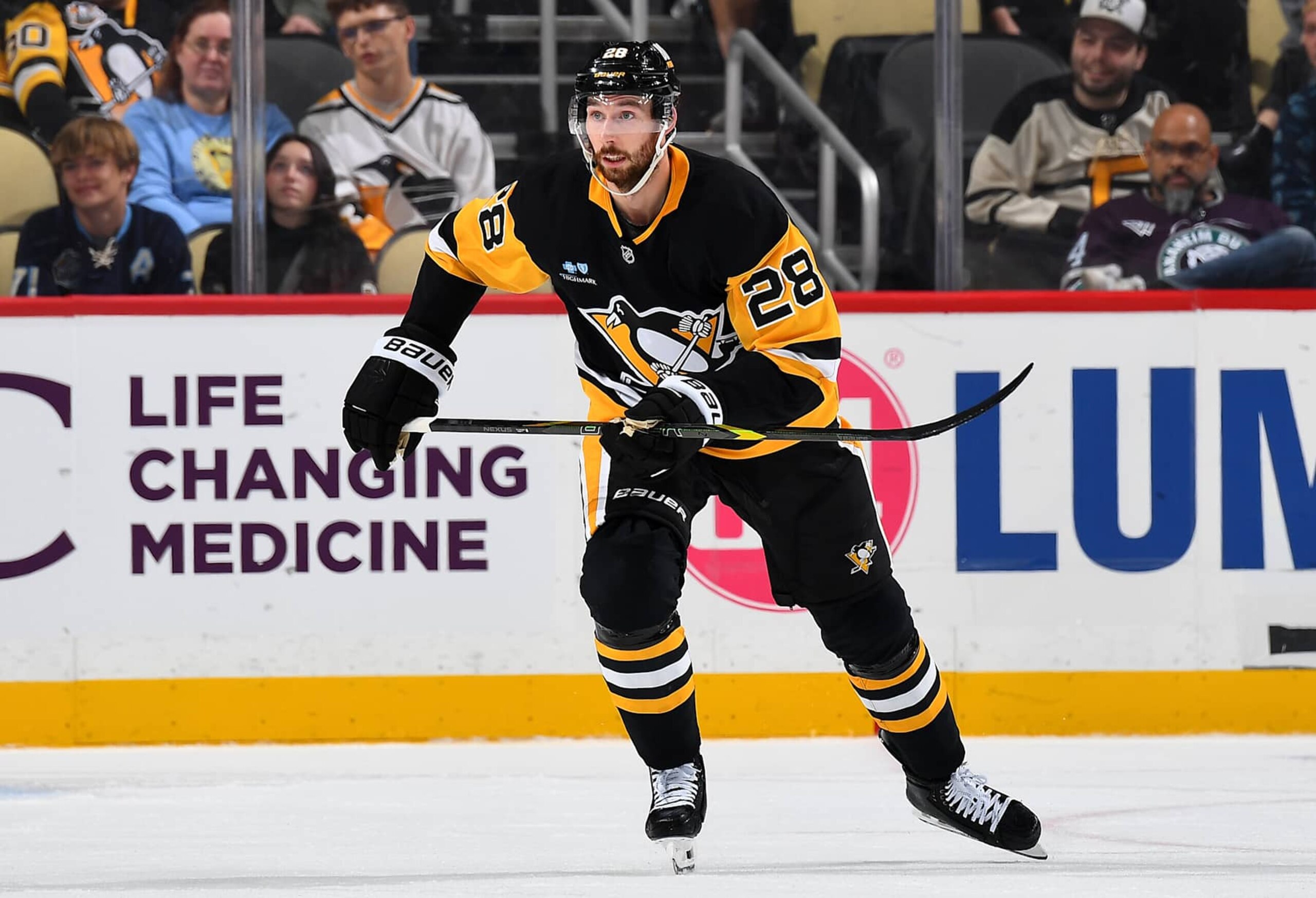 PITTSBURGH, PA - OCTOBER 31:  Marcus Pettersson #28 of the Pittsburgh Penguins skates during the game against the Anaheim Ducks at PPG PAINTS Arena on October 31, 2024 in Pittsburgh, Pennsylvania. (Photo by Joe Sargent/NHLI via Getty Images)