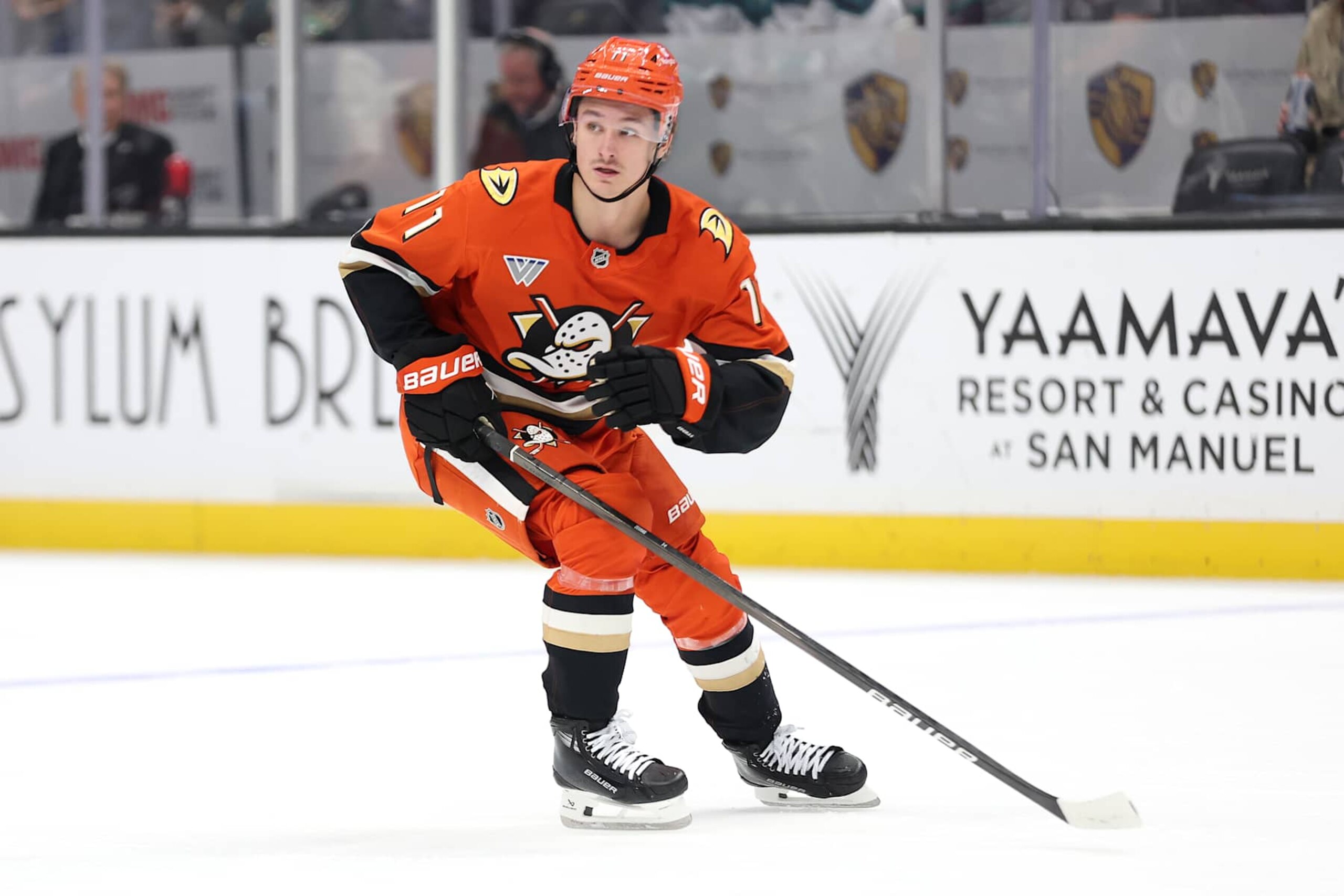 ANAHEIM, CALIFORNIA - NOVEMBER 08: Trevor Zegras #11 of the Anaheim Ducks skates to a puck during the first period of a game against the Minnesota Wild at Honda Center on November 08, 2024 in Anaheim, California. (Photo by Sean M. Haffey/Getty Images)