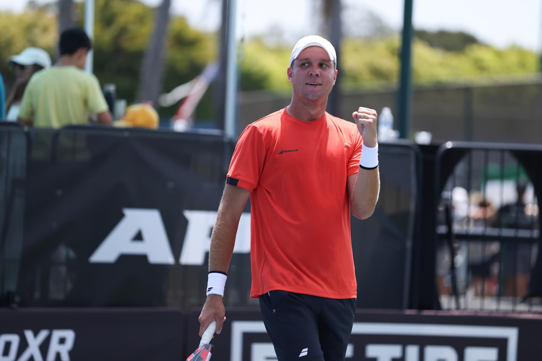 NEWPORT BEACH, CALIFORNIA - JULY 07: Chris Haworth reacts during a men's pro singles match during the final day of the Owl APP Newport Beach Open at The Tennis and Pickleball Club at Newport Beach on July 07, 2024 in Newport Beach, California.  (Photo by Katelyn Mulcahy/The APP/Getty Images)