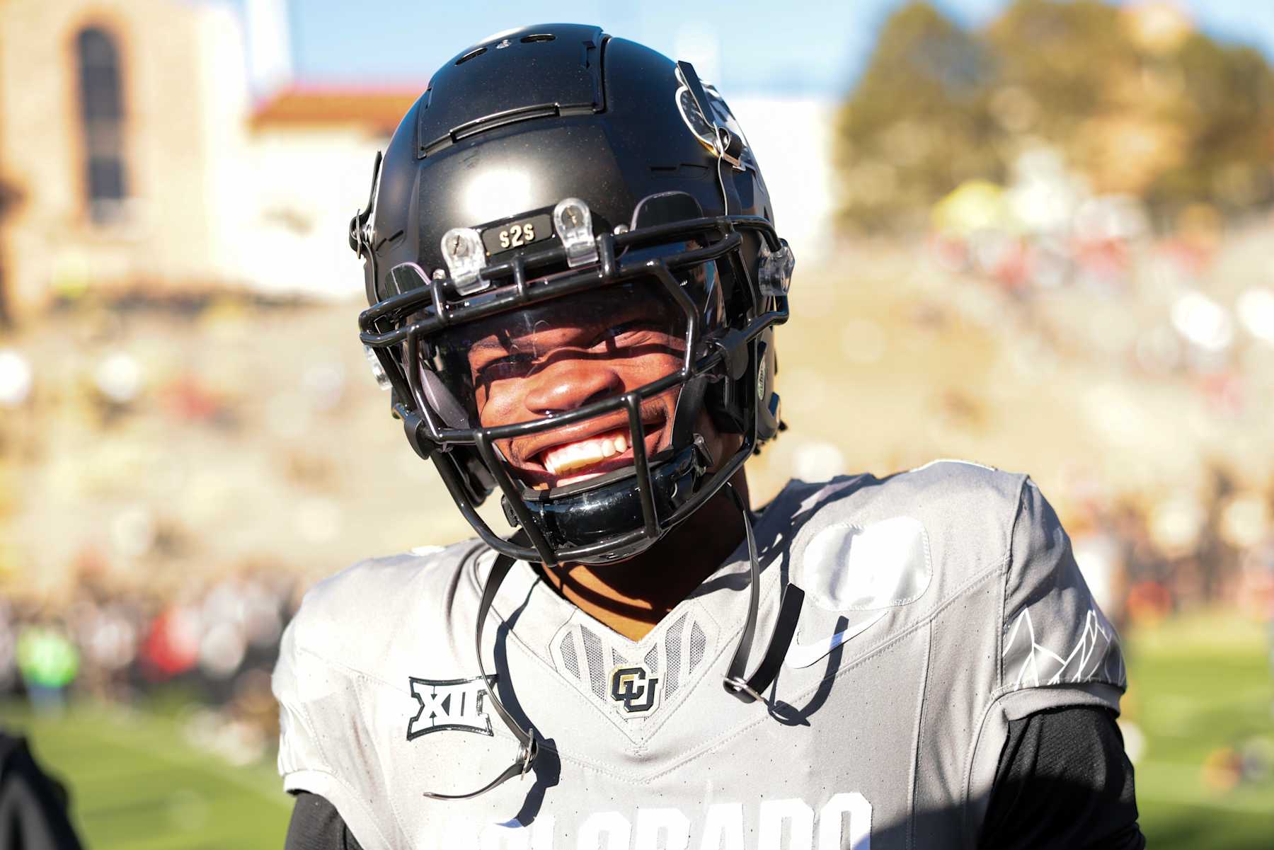 BOULDER, COLORADO - NOVEMBER 16: Travis Hunter #12 of Colorado Buffaloes reacts on the field during warm ups prior to the game against the Utah Utes at Folsom Field on November 16, 2024 in Boulder, Colorado. (Photo by Andrew Wevers/Getty Images)