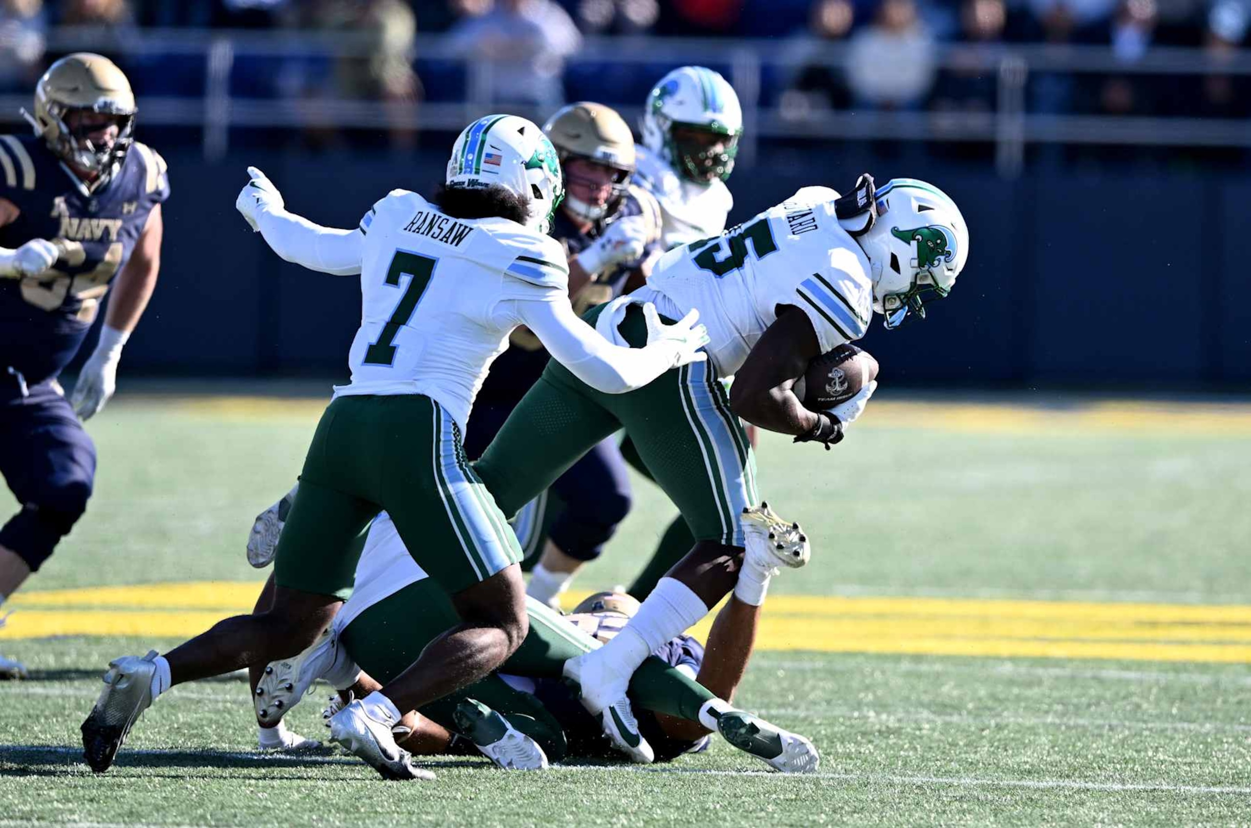 ANNAPOLIS, MARYLAND - NOVEMBER 16: Sam Howard #15 of the Tulane Green Wave intercepts a pass in the first half against the Navy Midshipmen at Navy-Marine Corps Memorial Stadium on November 16, 2024 in Annapolis, Maryland. (Photo by Greg Fiume/Getty Images) ANNAPOLIS, MARYLAND - NOVEMBER 16: Sam Howard #15 of the Tulane Green Wave intercepts a pass in the first half against the Navy Midshipmen at Navy-Marine Corps Memorial Stadium on November 16, 2024 in Annapolis, Maryland. (Photo by Greg Fiume/Getty Images)