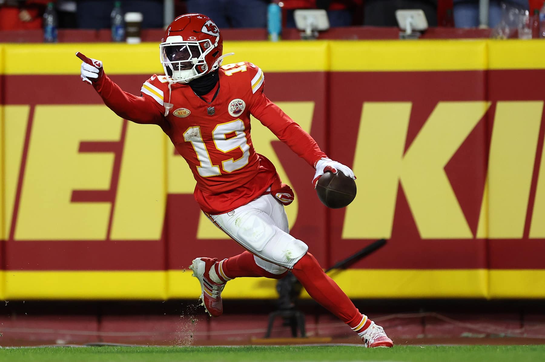 KANSAS CITY, MISSOURI - DECEMBER 10: Kadarius Toney #19 of the Kansas City Chiefs reacts after a touchdown on a play that was called back due to a penalty during the second half of the game against the Buffalo Bills at GEHA Field at Arrowhead Stadium on December 10, 2023 in Kansas City, Missouri. (Photo by Jamie Squire/Getty Images)
