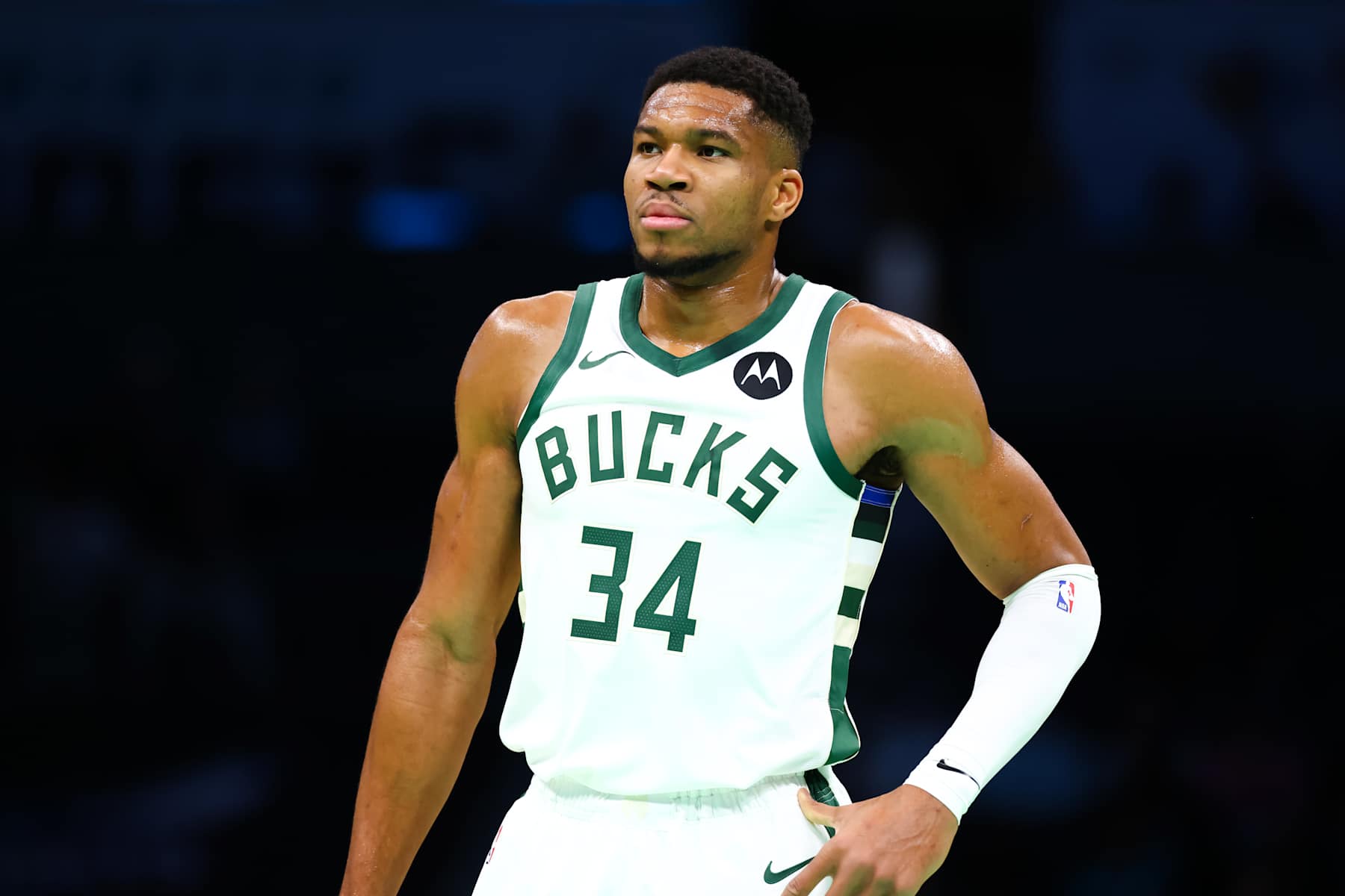 CHARLOTTE, NORTH CAROLINA - NOVEMBER 16: Giannis Antetokounmpo #34 of the Milwaukee Bucks looks on during the first half of a basketball game against the Charlotte Hornets at Spectrum Center on November 16, 2024 in Charlotte, North Carolina. NOTE TO USER: User expressly acknowledges and agrees that, by downloading and or using this photograph, User is consenting to the terms and conditions of the Getty Images License Agreement. (Photo by David Jensen/Getty Images)