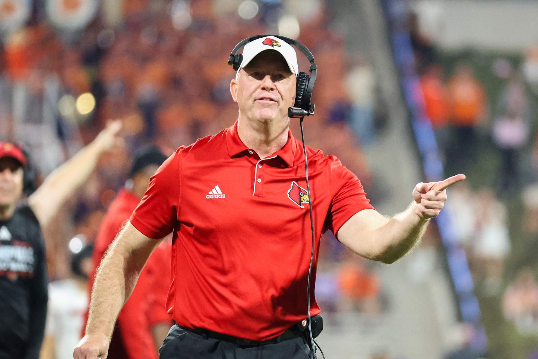 CLEMSON, SOUTH CAROLINA - NOVEMBER 2: Head coach Jeff Brohm of the Louisville Cardinals talks to an official during the fourth quarter against the Louisville Cardinals at Memorial Stadium on November 2, 2024 in Clemson, South Carolina.  (Photo by Isaiah Vazquez/Getty Images)