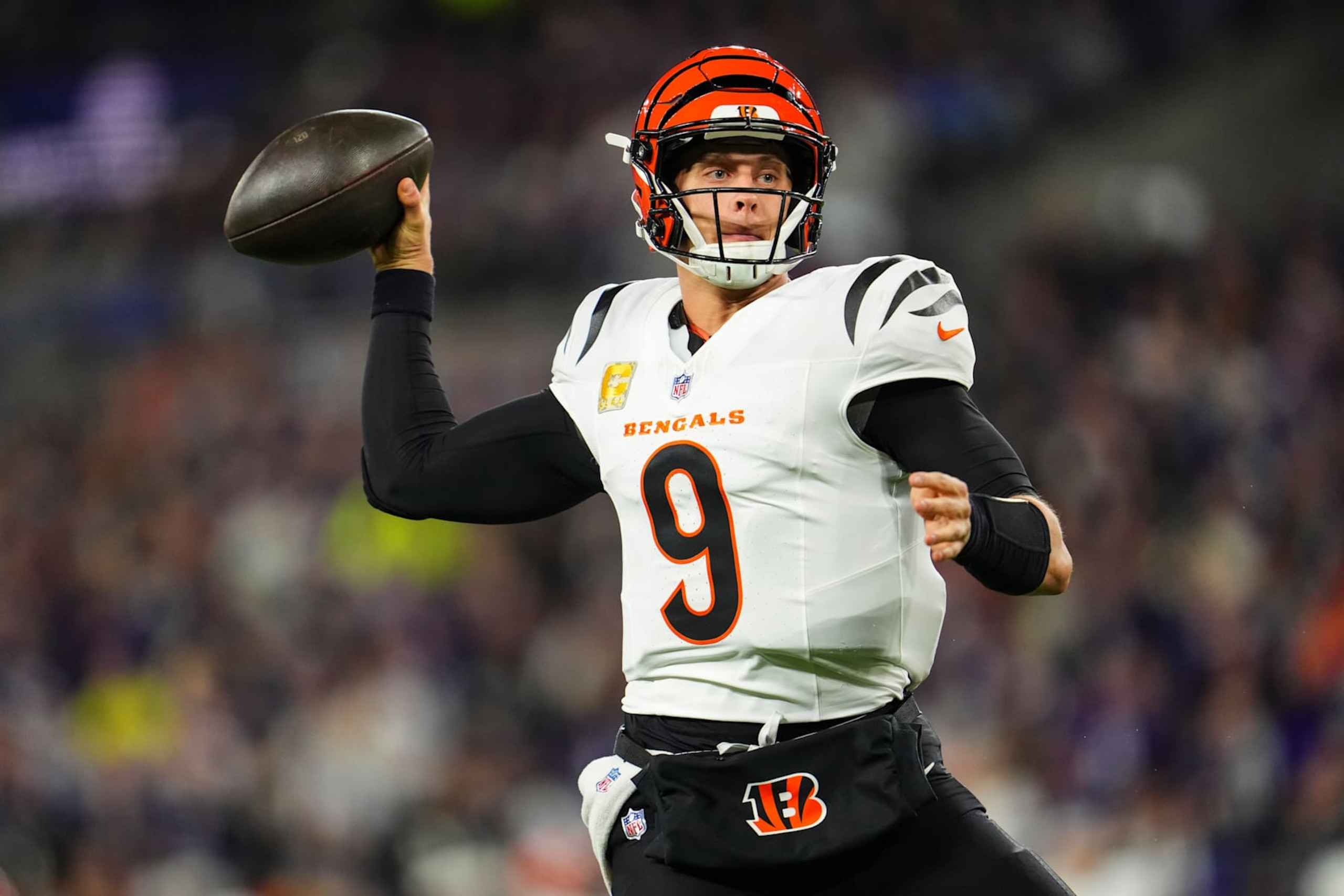 BALTIMORE, MD - NOVEMBER 07: Joe Burrow #9 of the Cincinnati Bengals throws the ball during an NFL football game against the Baltimore Ravens at M&T Bank Stadium on November 7, 2024 in Baltimore, Maryland. (Photo by Cooper Neill/Getty Images)