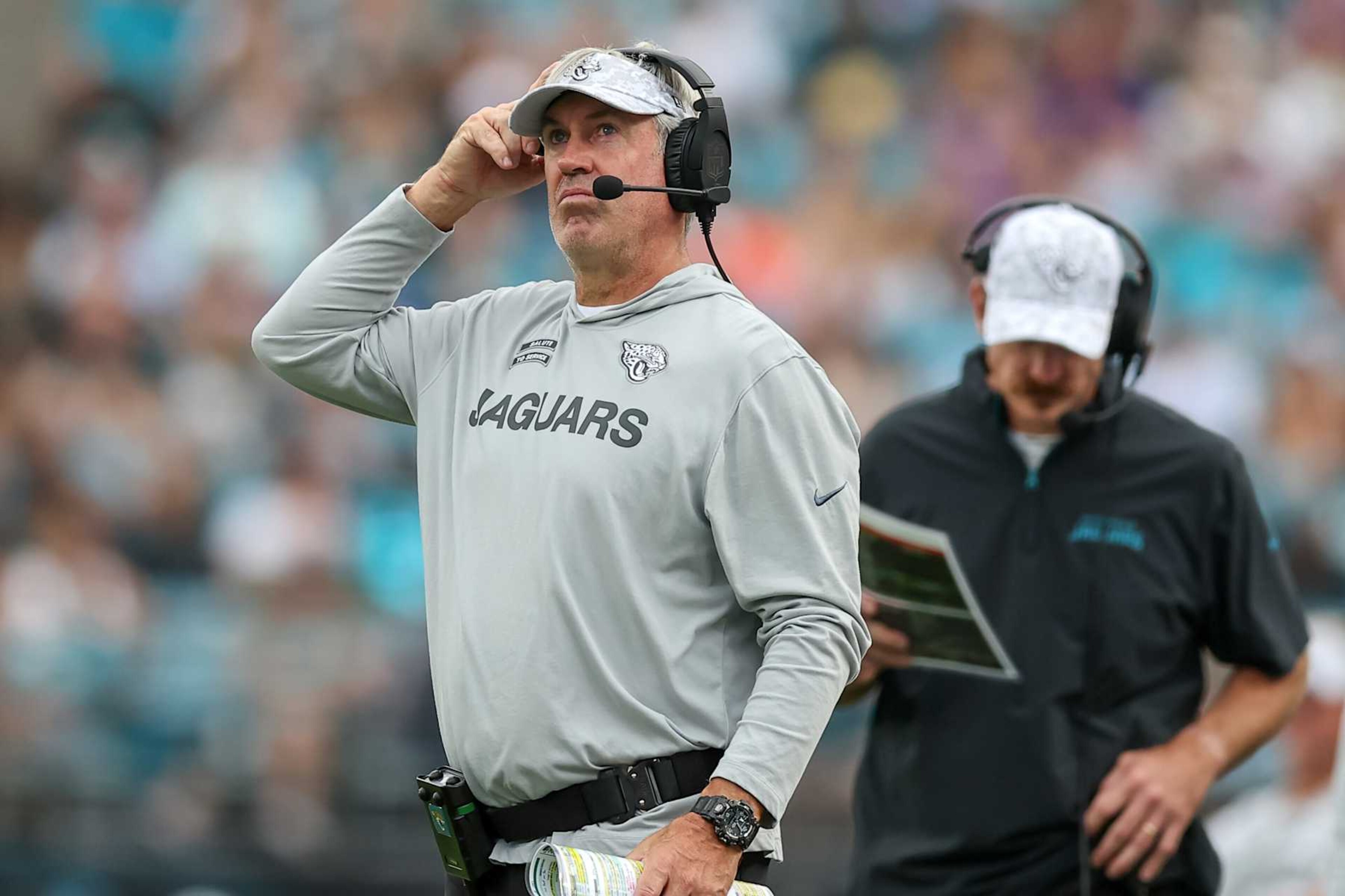 JACKSONVILLE, FLORIDA - NOVEMBER 10: Head coach Doug Pederson of the Jacksonville Jaguars looks on against the Minnesota Vikings at EverBank Field on November 10, 2024 in Jacksonville, Florida. (Photo by Mike Carlson/Getty Images) JACKSONVILLE, FLORIDA - NOVEMBER 10: Head coach Doug Pederson of the Jacksonville Jaguars looks on against the Minnesota Vikings at EverBank Field on November 10, 2024 in Jacksonville, Florida. (Photo by Mike Carlson/Getty Images)