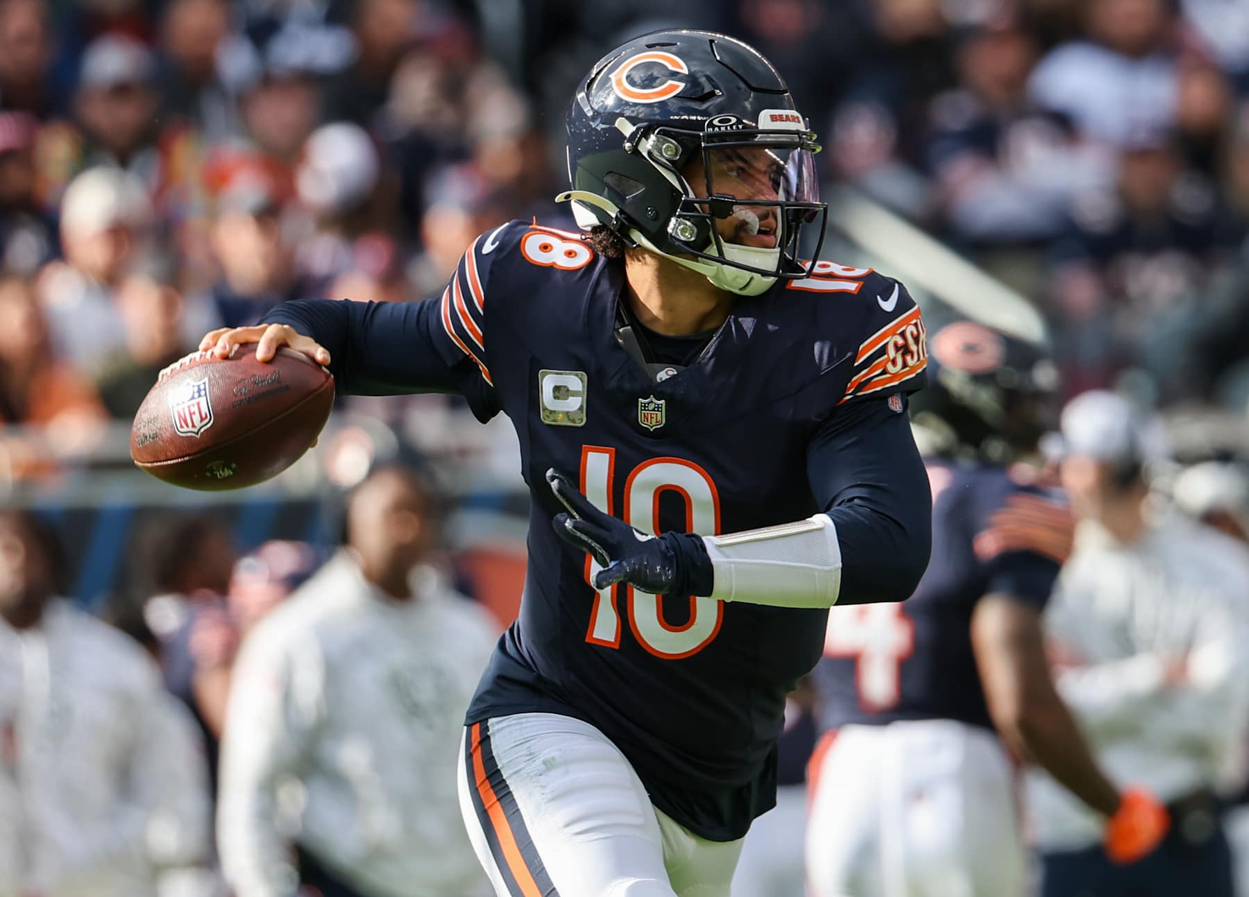 Chicago, IL - November 10: Chicago Bears QB Caleb Williams looks to throw in the second quarter. (Photo by Matthew J. Lee/The Boston Globe via Getty Images)
