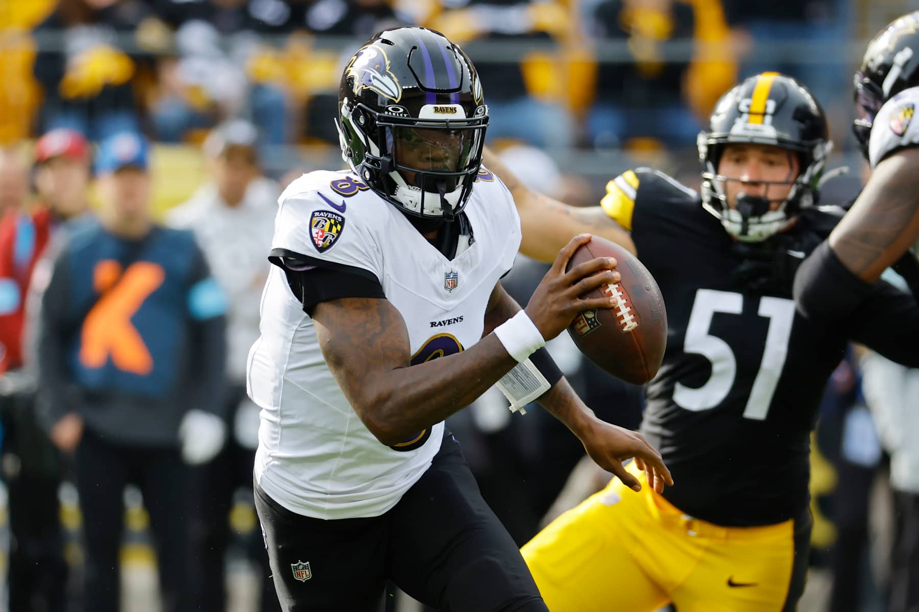 PITTSBURGH, PENNSYLVANIA - NOVEMBER 17: Lamar Jackson #8 of the Baltimore Ravens scrambles in the first quarter of a game against the Pittsburgh Steelers at Acrisure Stadium on November 17, 2024 in Pittsburgh, Pennsylvania. (Photo by Justin K. Aller/Getty Images)