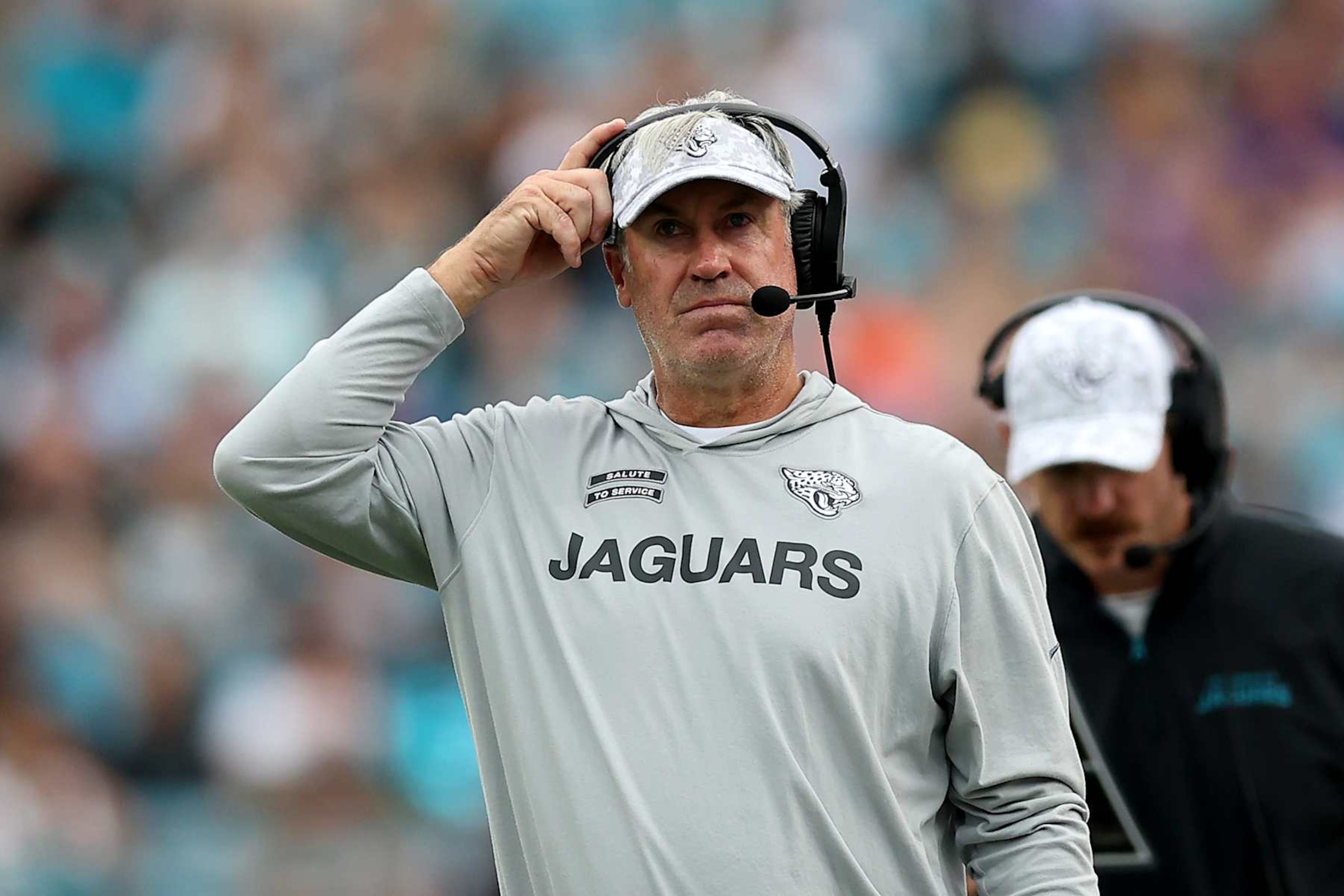 JACKSONVILLE, FLORIDA - NOVEMBER 10: Head coach Doug Pederson of the Jacksonville Jaguars looks on during the second half against the Minnesota Vikings at EverBank Stadium on November 10, 2024 in Jacksonville, Florida. (Photo by Mike Carlson/Getty Images)