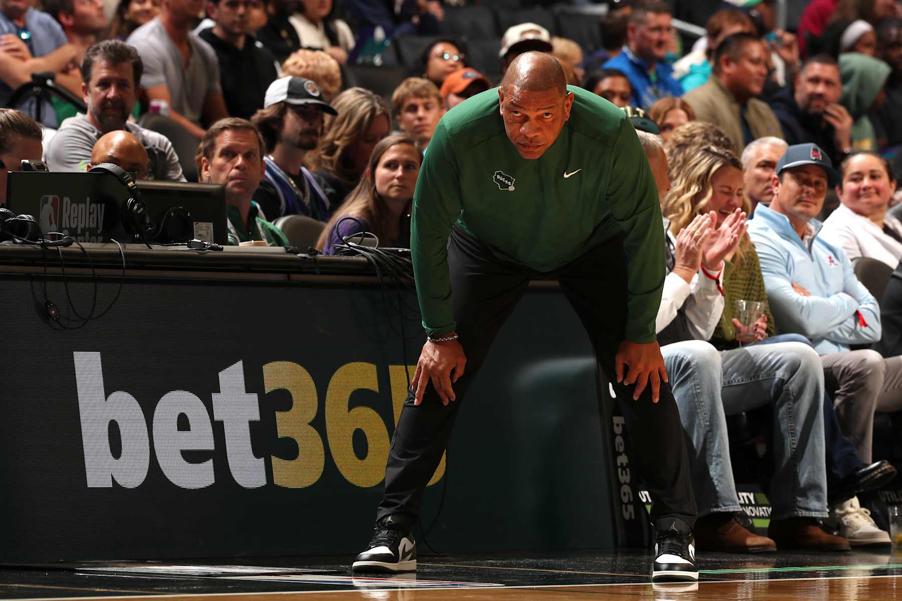 CHARLOTTE, NC - NOVEMBER 16: Head Coach Doc Rivers of the Milwaukee Bucks looks on during the game against the Charlotte Hornets on November 16, 2024 at Spectrum Center in Charlotte, North Carolina. NOTE TO USER: User expressly acknowledges and agrees that, by downloading and or using this photograph, User is consenting to the terms and conditions of the Getty Images License Agreement. Mandatory Copyright Notice: Copyright 2024 NBAE (Photo by Kent Smith/NBAE via Getty Images)