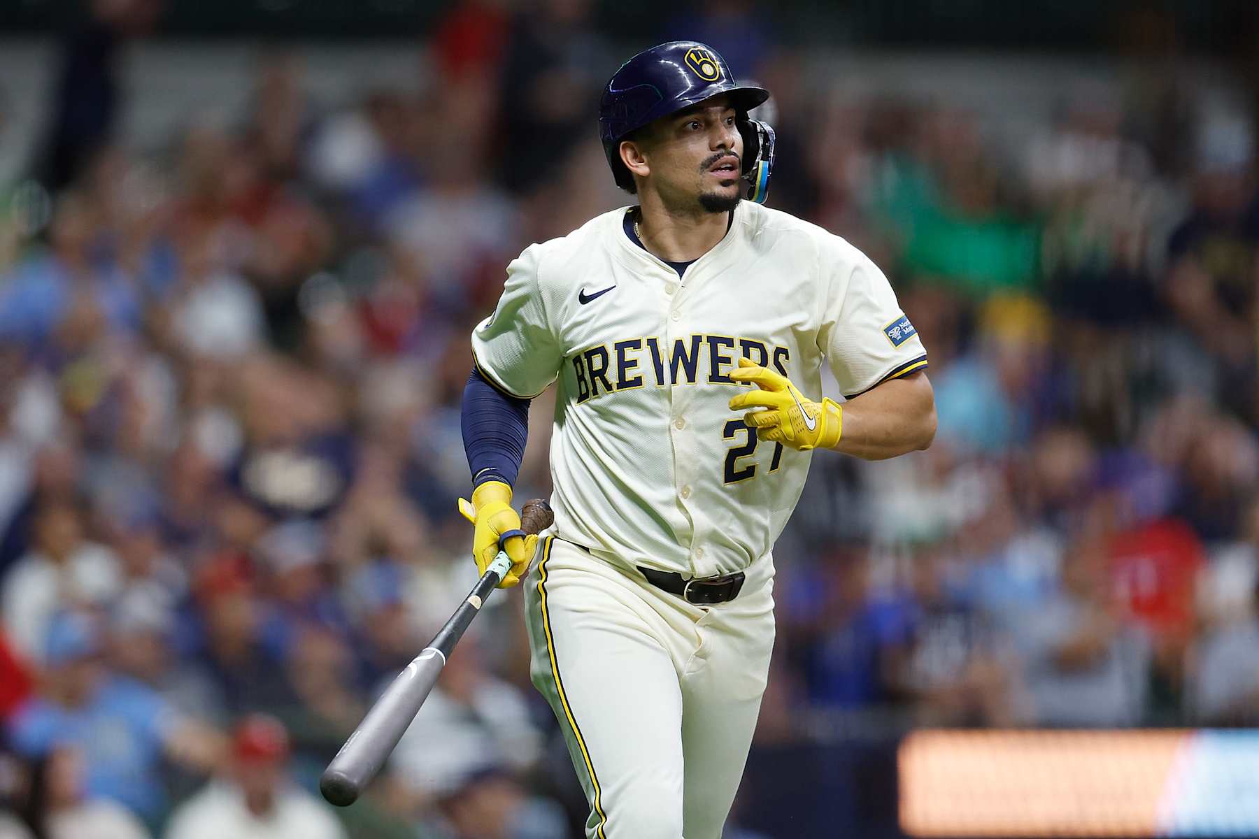 MILWAUKEE, WISCONSIN - SEPTEMBER 18: Willy Adames #27 of the Milwaukee Brewers up to bat against the Philadelphia Phillies at American Family Field on September 18, 2024 in Milwaukee, Wisconsin. (Photo by John Fisher/Getty Images)